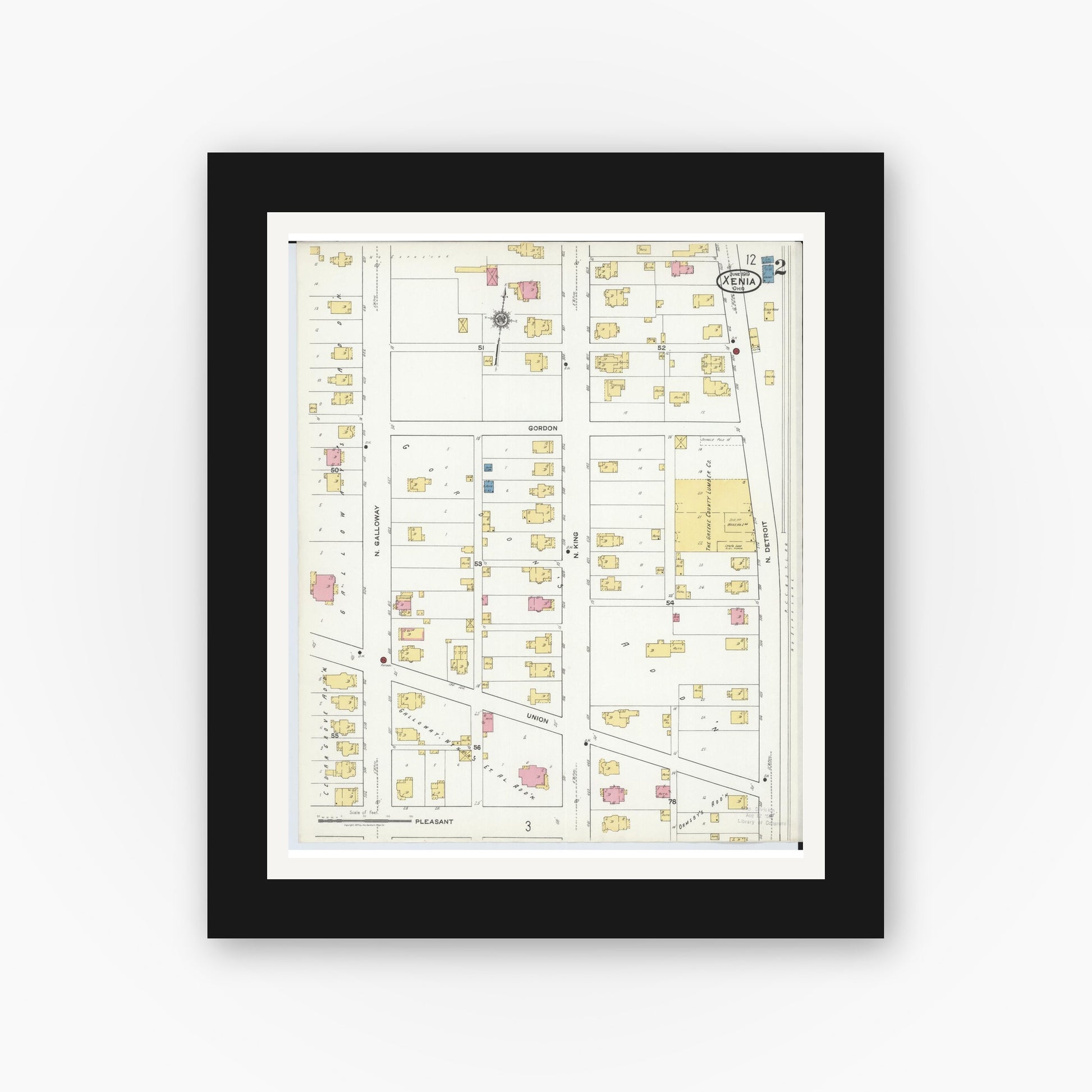Old map wall art mockup — black gallery frame with white mat — Sanborn Fire Insurance Map from Xenia, Greene County, Ohio (1919), Sheet #0002