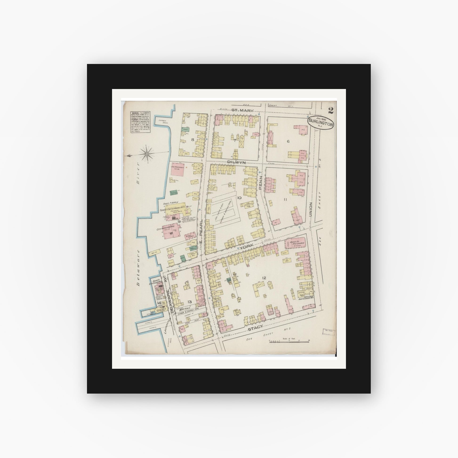 Old map wall art mockup — black gallery frame with white mat — Sanborn Fire Insurance Map from Burlington, Burlington County, New Jersey (1885), Sheet #0002