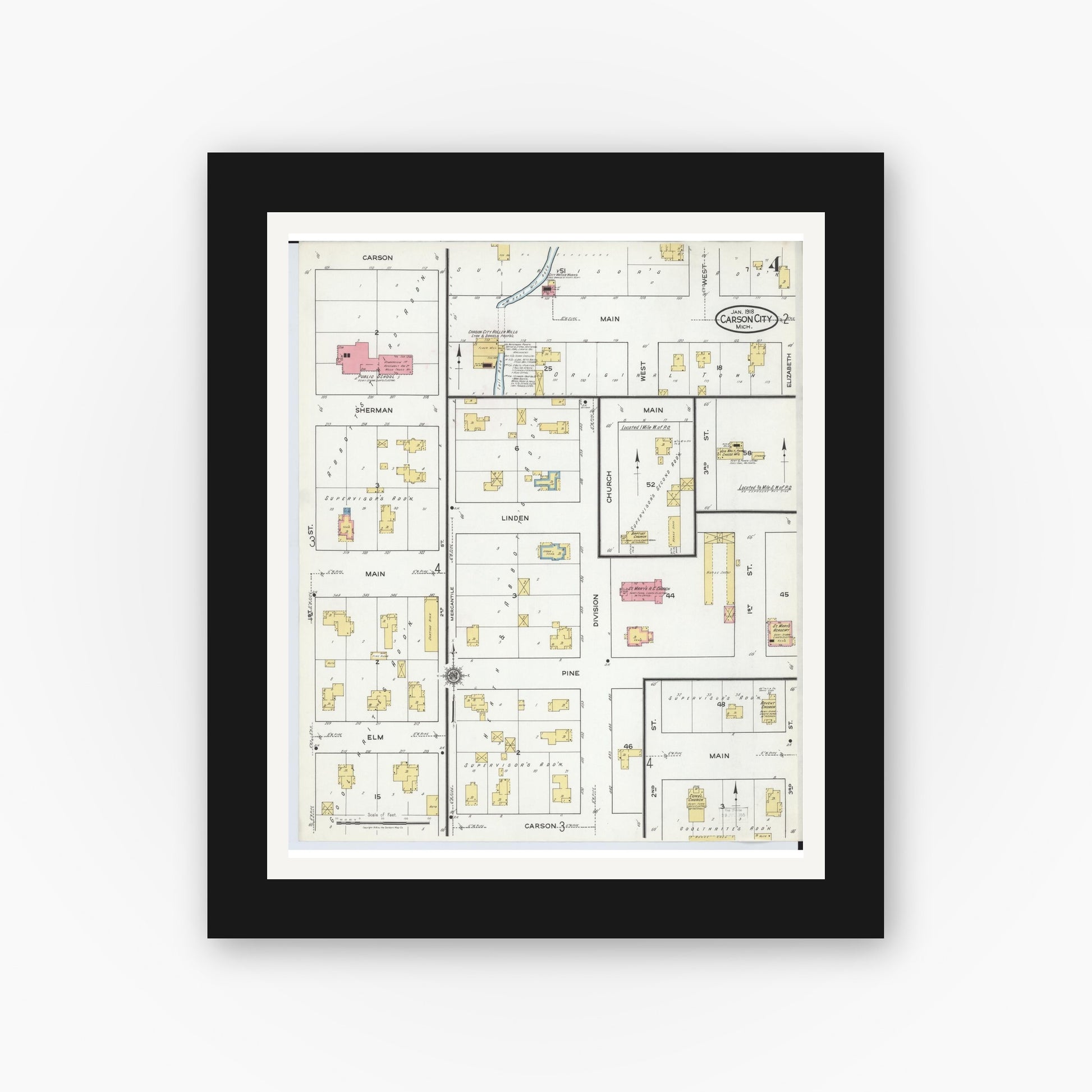 Old map wall art mockup — black gallery frame with white mat — Sanborn Fire Insurance Map from Carson City, Montcalm County, Michigan (1918), Sheet #0004