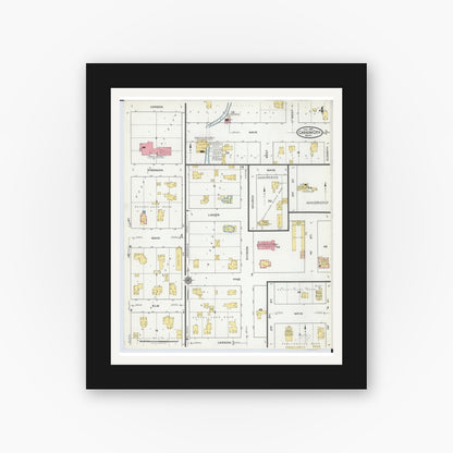 Old map wall art mockup — black gallery frame with white mat — Sanborn Fire Insurance Map from Carson City, Montcalm County, Michigan (1918), Sheet #0004