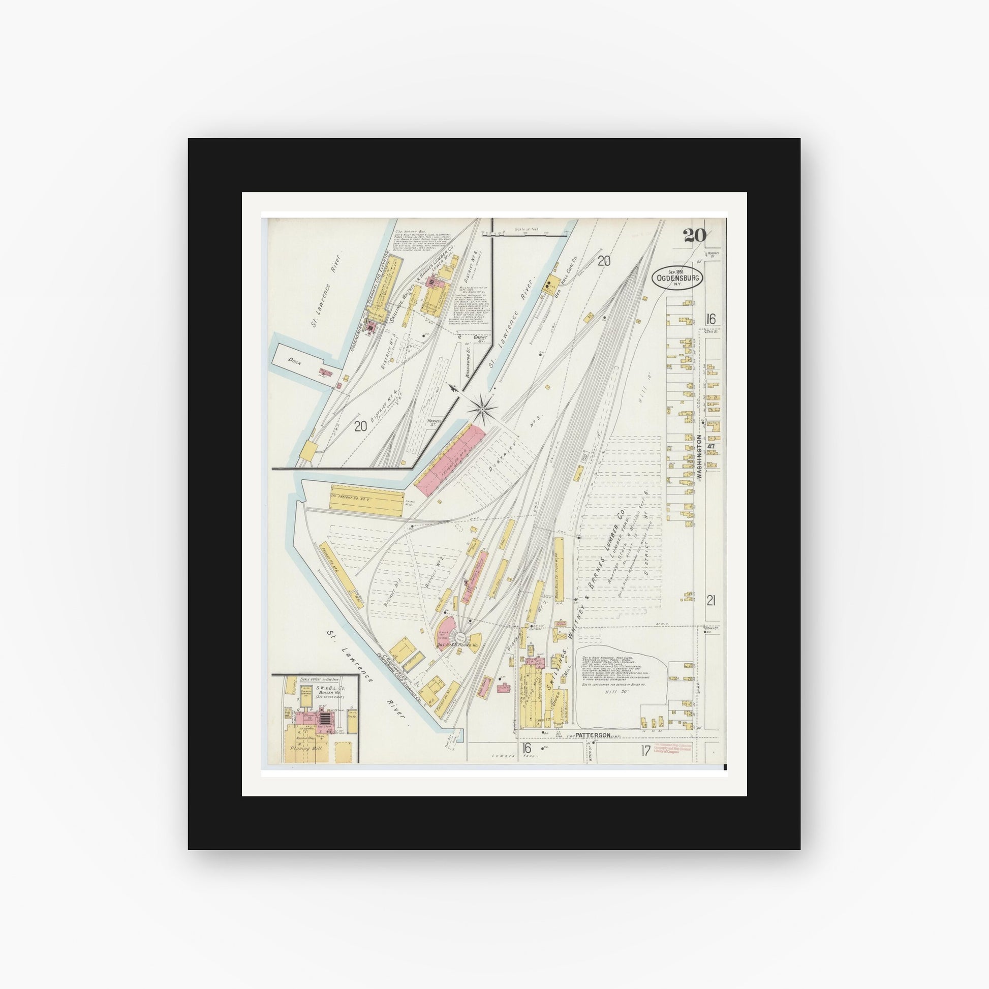 Old map wall art mockup — black gallery frame with white mat — Sanborn Fire Insurance Map from Ogdensburg, St. Lawrence County, New York (1898), Sheet #0020