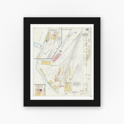 Old map wall art mockup — black gallery frame with white mat — Sanborn Fire Insurance Map from Ogdensburg, St. Lawrence County, New York (1898), Sheet #0020