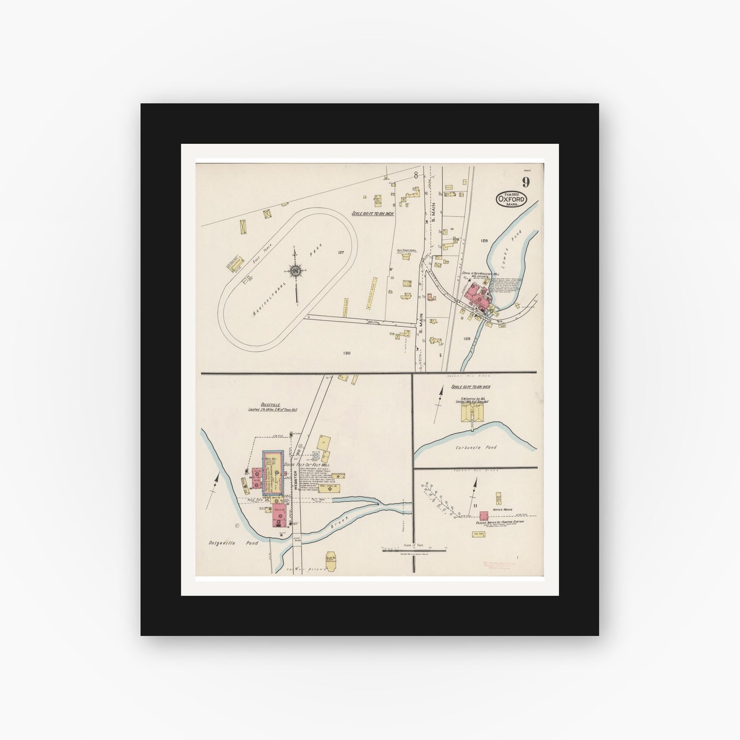 Old map wall art mockup — black gallery frame with white mat — Sanborn Fire Insurance Map from Oxford, Worcester County, Massachusetts (1922), Sheet #0009