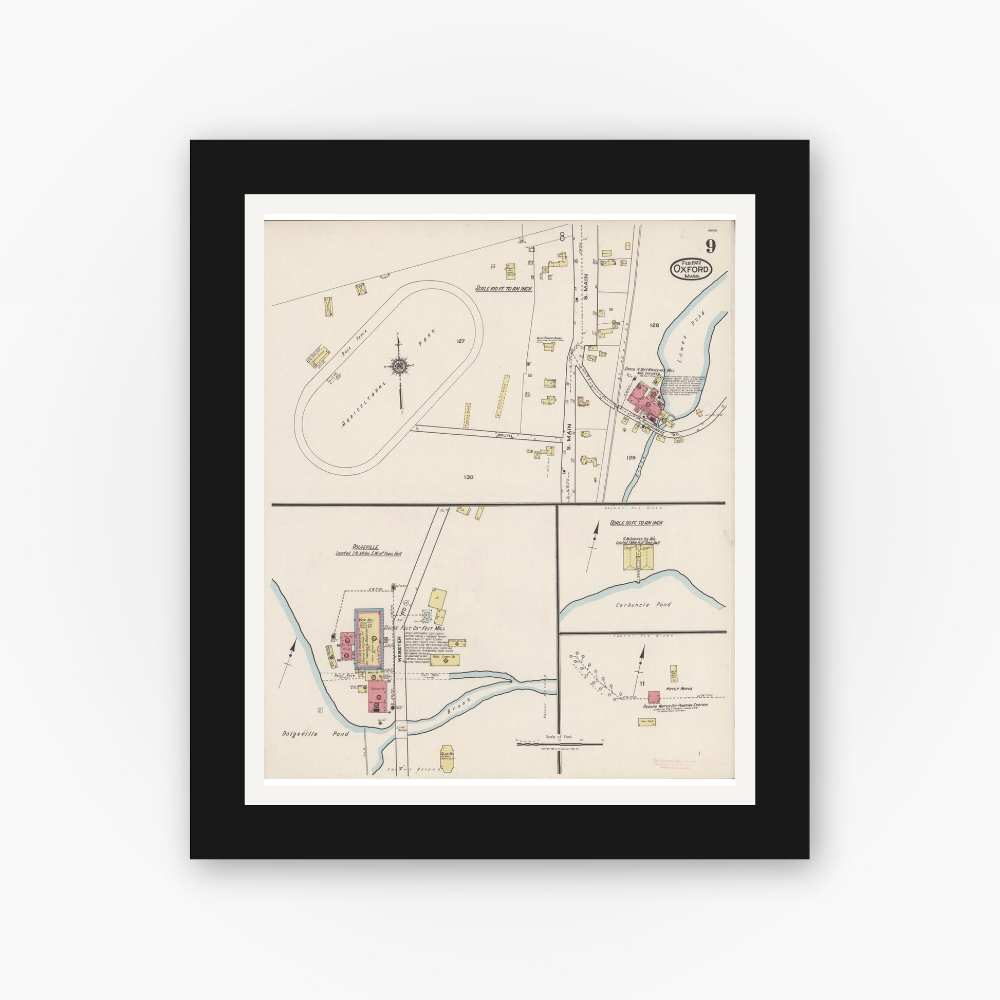 Old map wall art mockup — black gallery frame with white mat — Sanborn Fire Insurance Map from Oxford, Worcester County, Massachusetts (1922), Sheet #0009