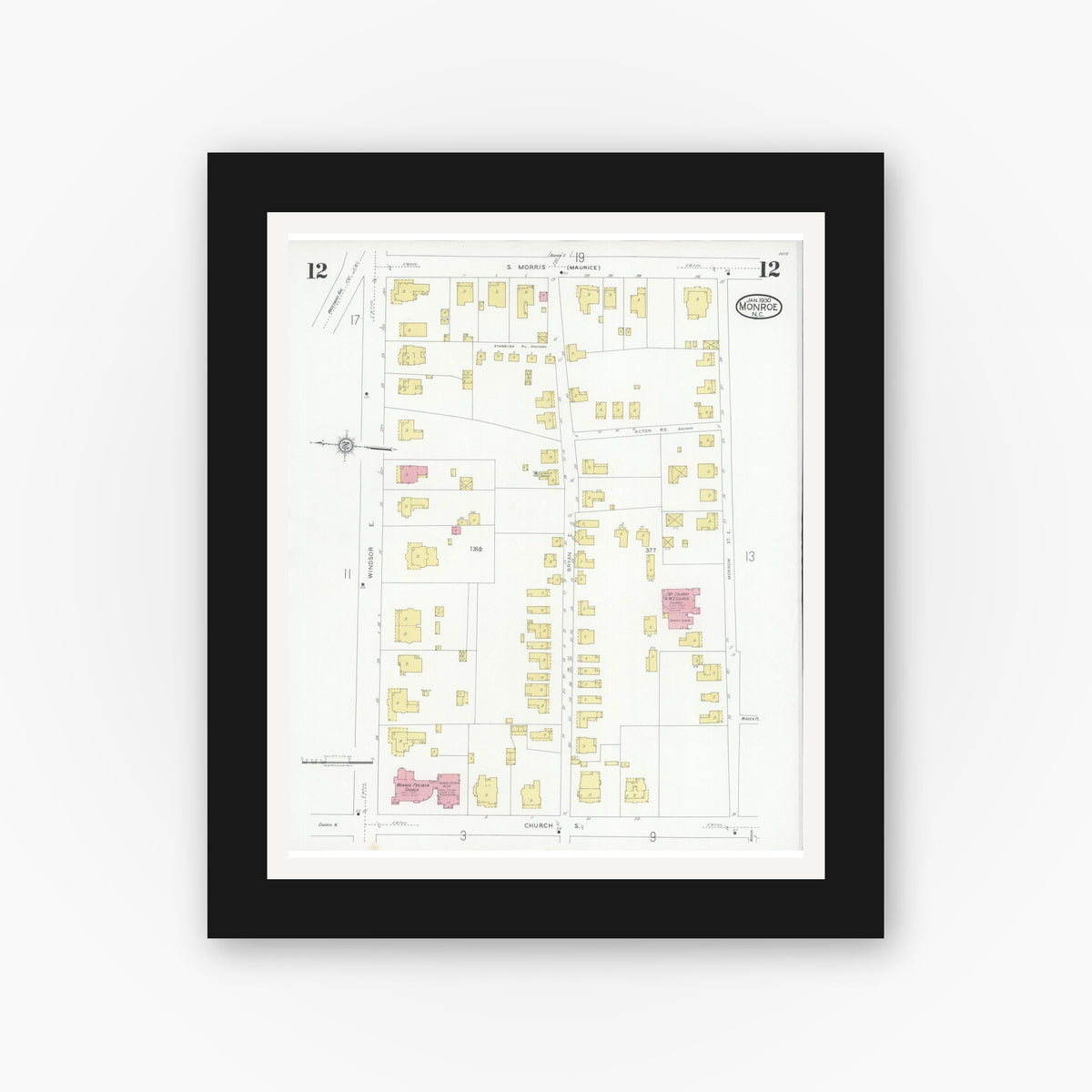 Old map wall art mockup — black gallery frame with white mat — Sanborn Fire Insurance Map from Monroe, Union County, North Carolina (1930), Sheet #0012