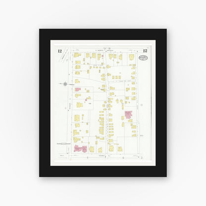Old map wall art mockup — black gallery frame with white mat — Sanborn Fire Insurance Map from Monroe, Union County, North Carolina (1930), Sheet #0012