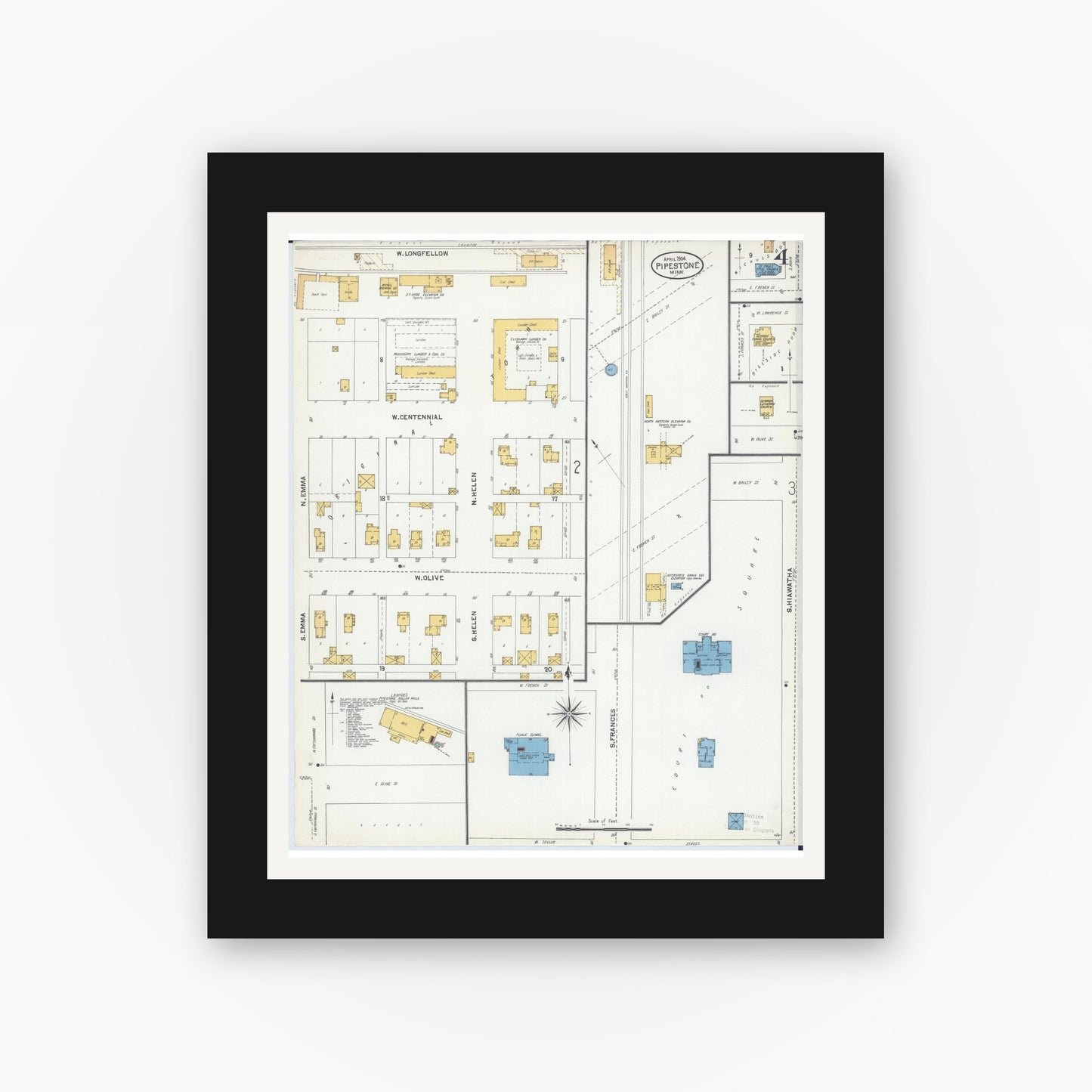 Old map wall art mockup — black gallery frame with white mat — Sanborn Fire Insurance Map from Pipestone, Pipestone County, Minnesota (1904), Sheet #0004
