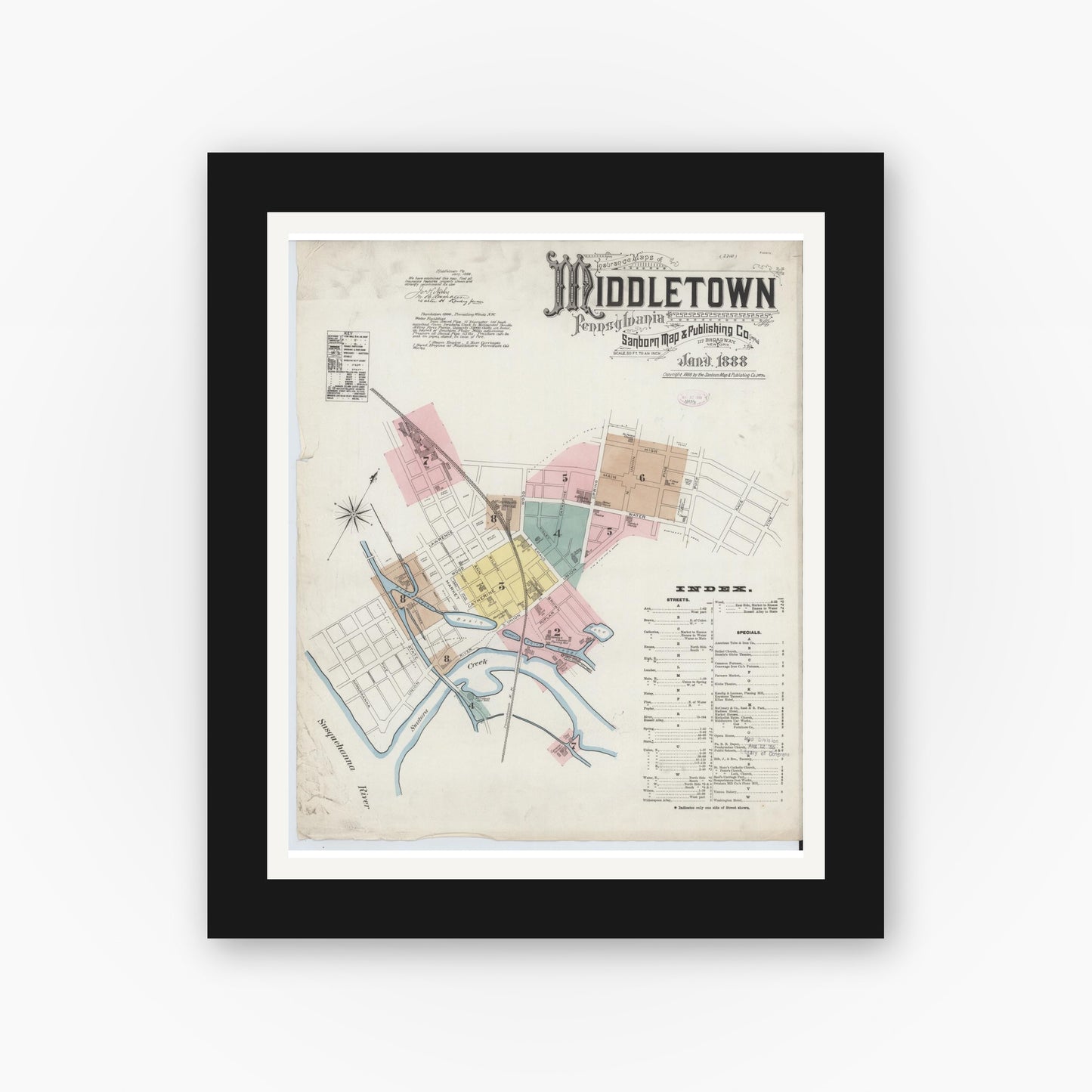 Old map wall art mockup — black gallery frame with white mat — Sanborn Fire Insurance Map from Middletown, Dauphin County, Pennsylvania (1888) - Complete Map Set