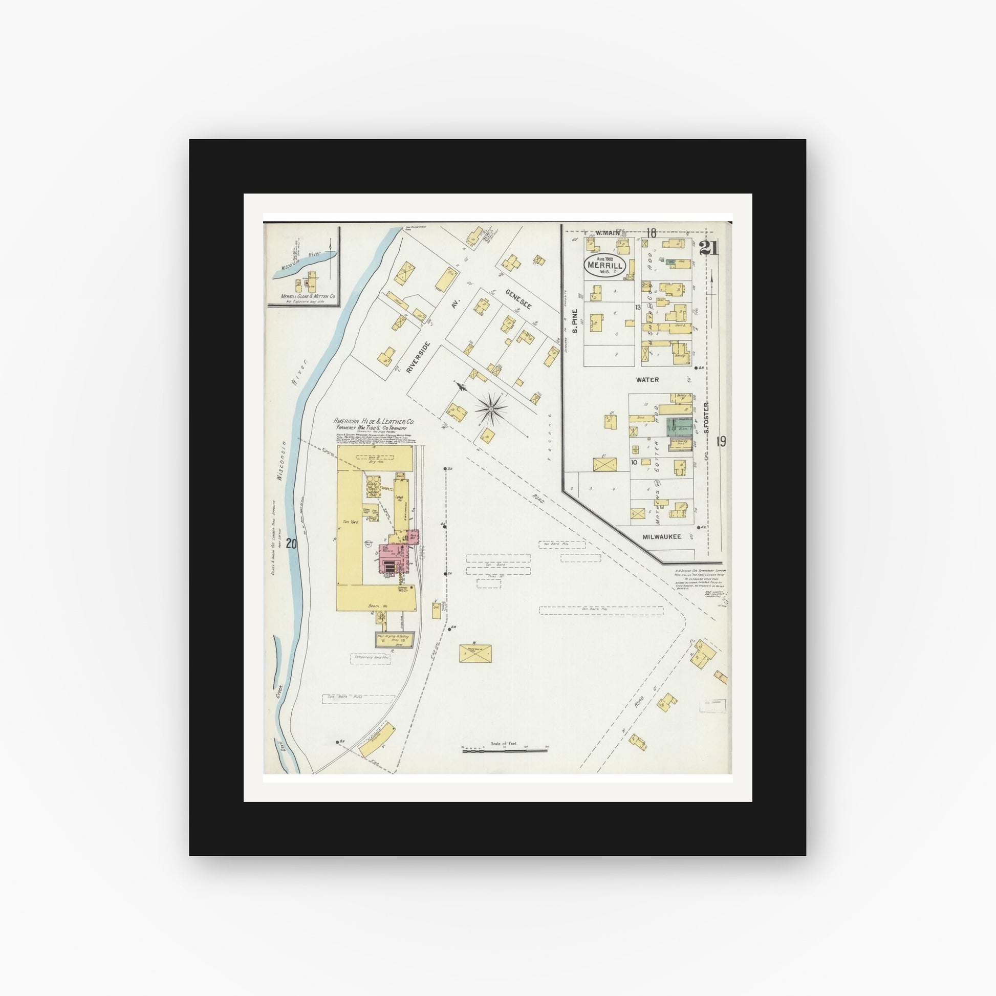 Old map wall art mockup — black gallery frame with white mat — Sanborn Fire Insurance Map from Merrill, Lincoln County, Wisconsin (1902), Sheet #0021
