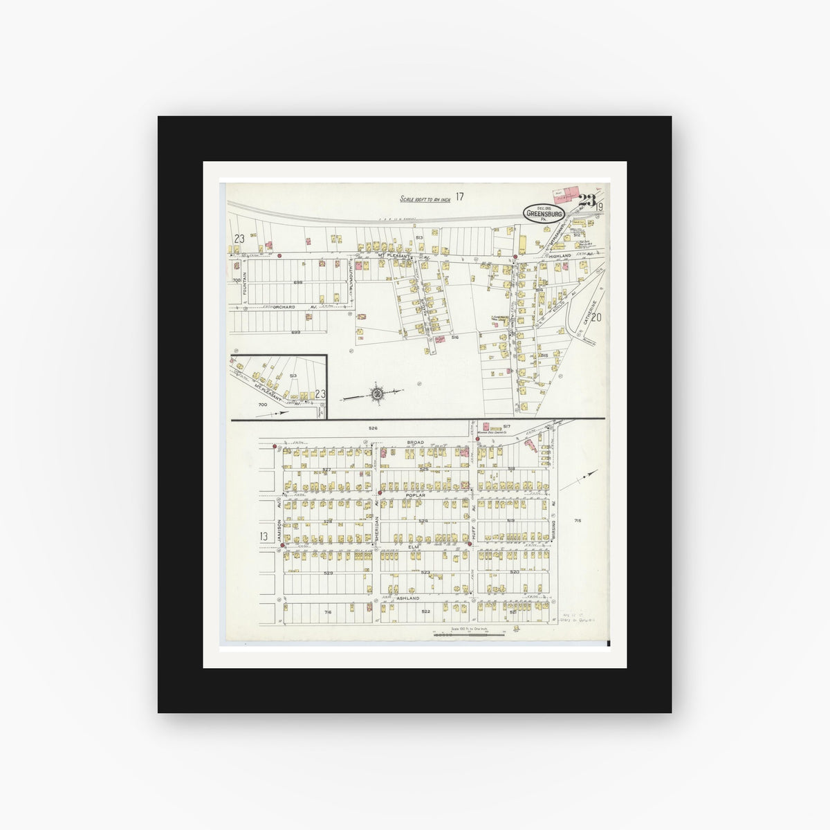 Old map wall art mockup — black gallery frame with white mat — Sanborn Fire Insurance Map from Greensburg, Westmoreland County, Pennsylvania (1915), Sheet #0023