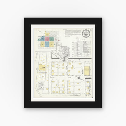 Old map wall art mockup — black gallery frame with white mat — Sanborn Fire Insurance Map from Cisco, Eastland County, Texas (1912) - Complete Map Set