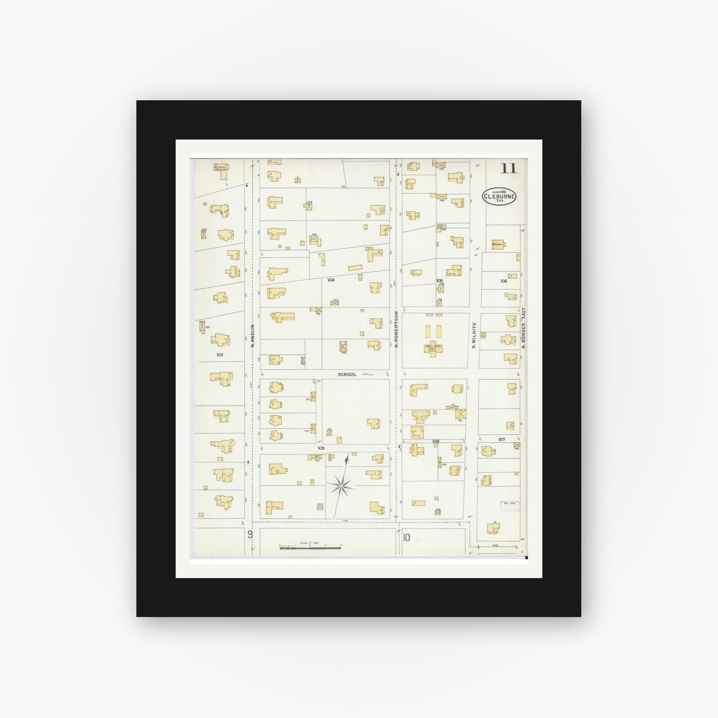 Old map wall art mockup — black gallery frame with white mat — Sanborn Fire Insurance Map from Cleburne, Johnson County, Texas (1898), Sheet #0011