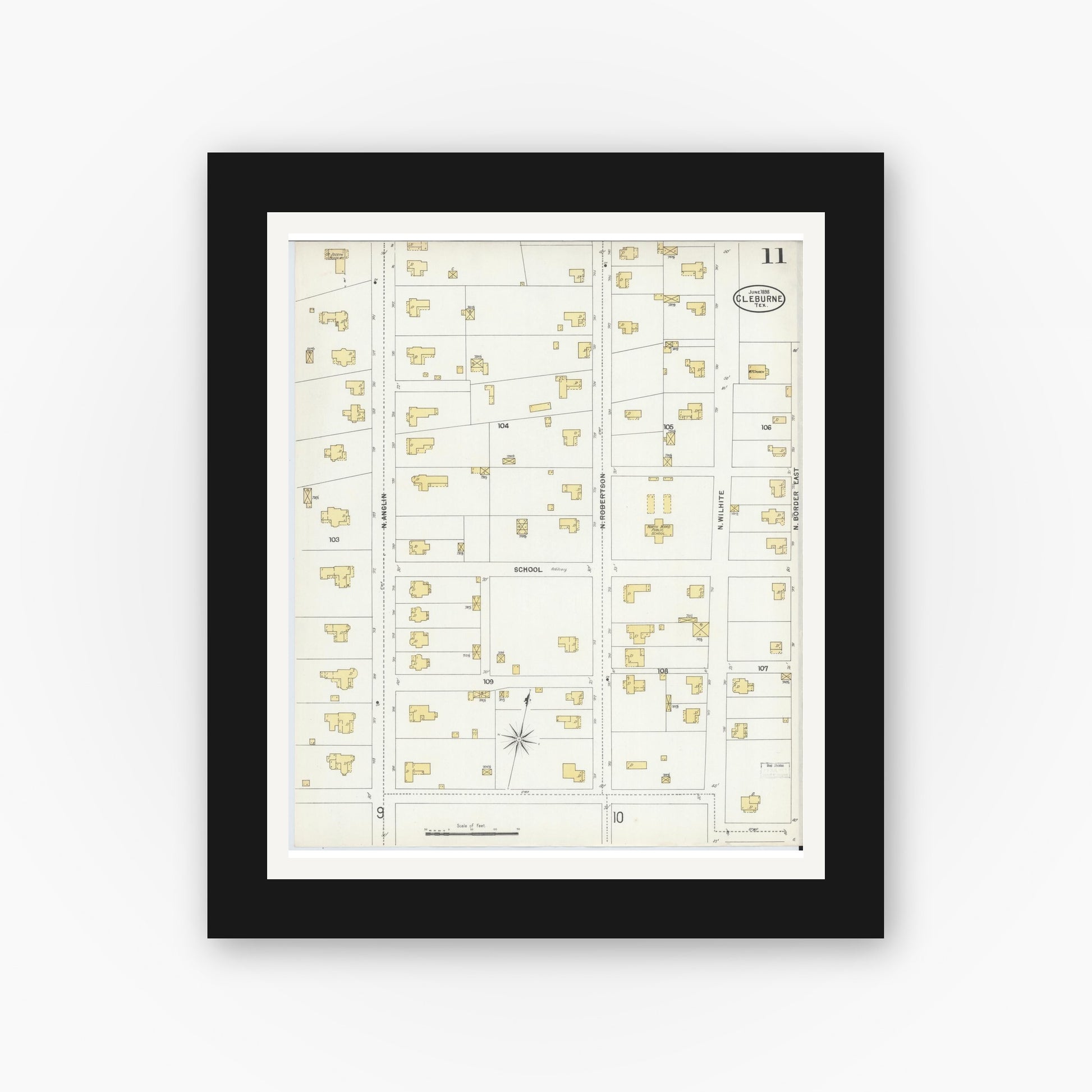 Old map wall art mockup — black gallery frame with white mat — Sanborn Fire Insurance Map from Cleburne, Johnson County, Texas (1898), Sheet #0011