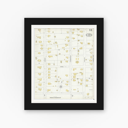 Old map wall art mockup — black gallery frame with white mat — Sanborn Fire Insurance Map from Cleburne, Johnson County, Texas (1898), Sheet #0011
