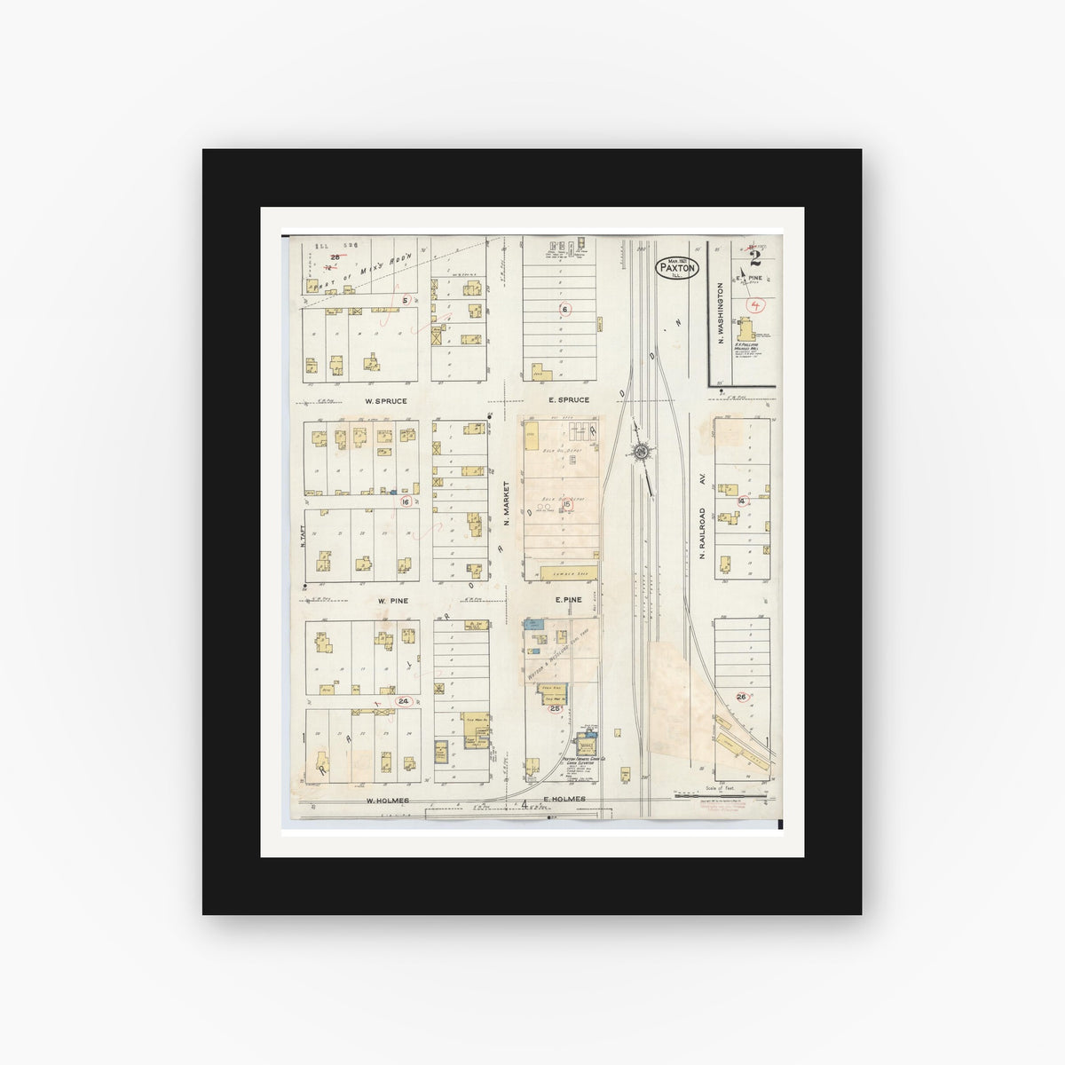 Old map wall art mockup — black gallery frame with white mat — Sanborn Fire Insurance Map from Paxton, Ford County, Illinois (1932), Sheet #0002