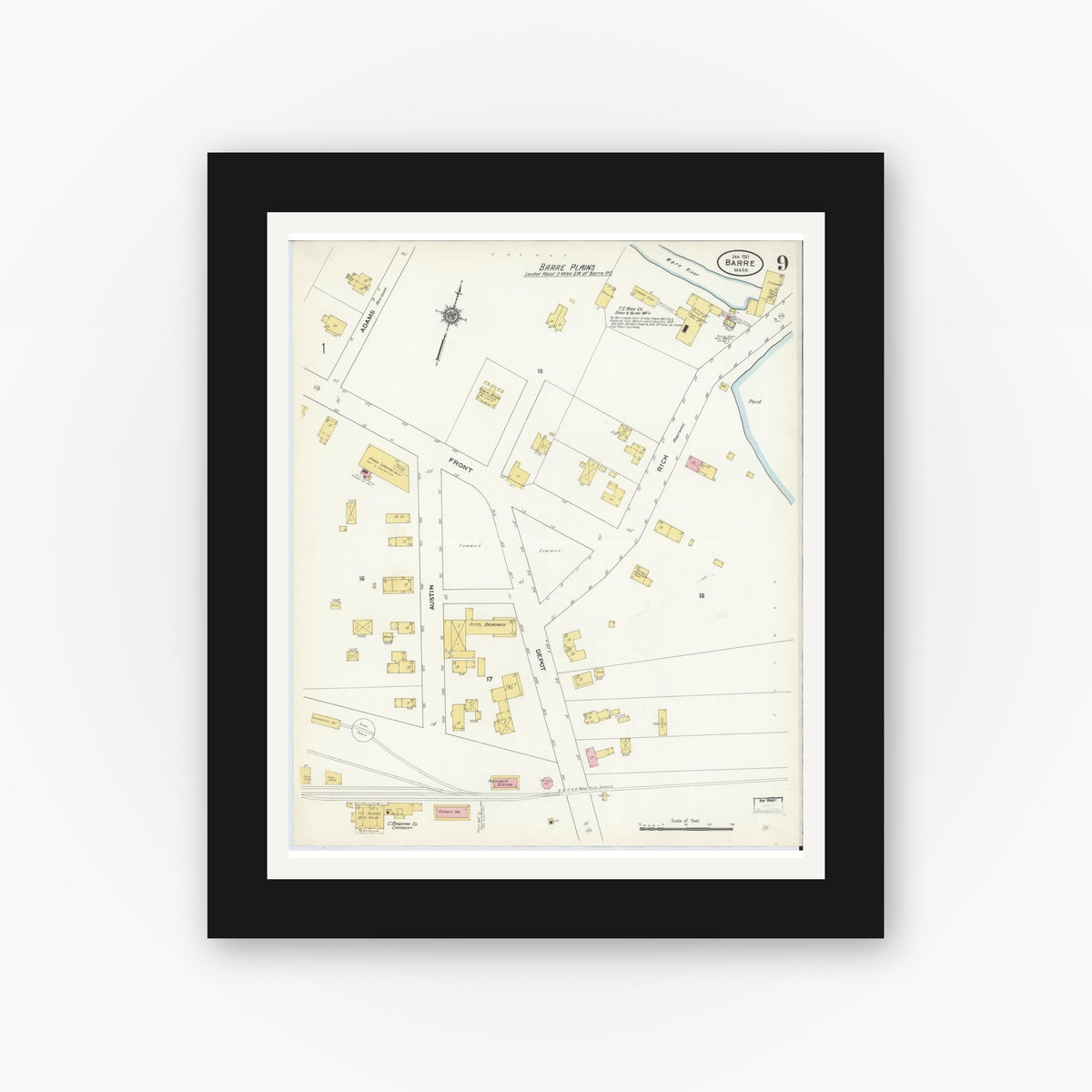 Old map wall art mockup — black gallery frame with white mat — Sanborn Fire Insurance Map from Barre, Worcester County, Massachusetts (1911), Sheet #0009