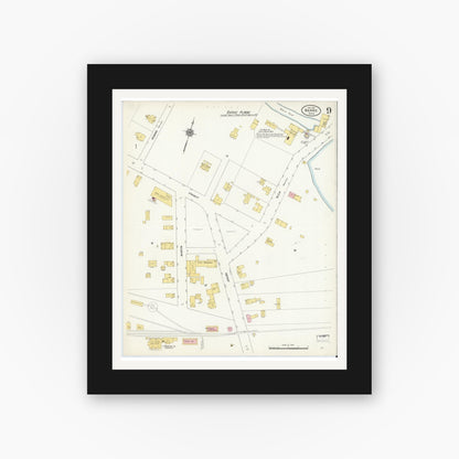 Old map wall art mockup — black gallery frame with white mat — Sanborn Fire Insurance Map from Barre, Worcester County, Massachusetts (1911), Sheet #0009