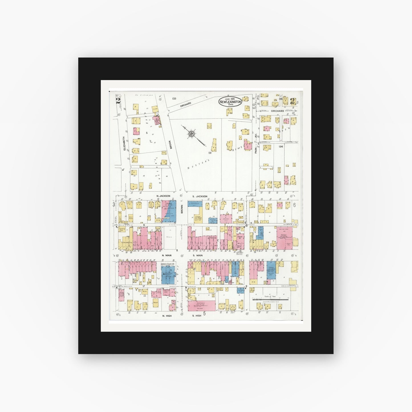 Old map wall art mockup — black gallery frame with white mat — Sanborn Fire Insurance Map from New Lexington, Perry County, Ohio (1926), Sheet #0002