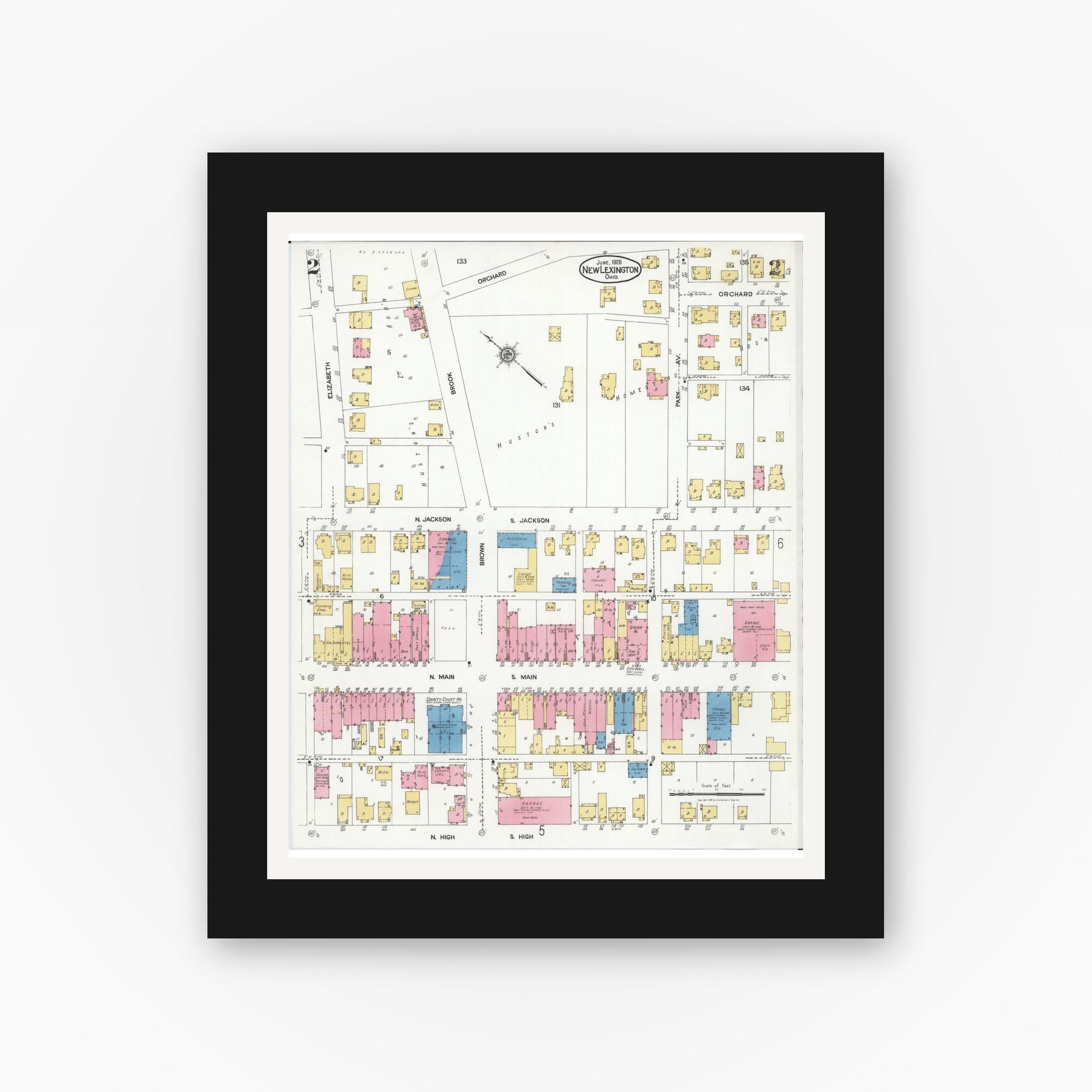 Old map wall art mockup — black gallery frame with white mat — Sanborn Fire Insurance Map from New Lexington, Perry County, Ohio (1926), Sheet #0002