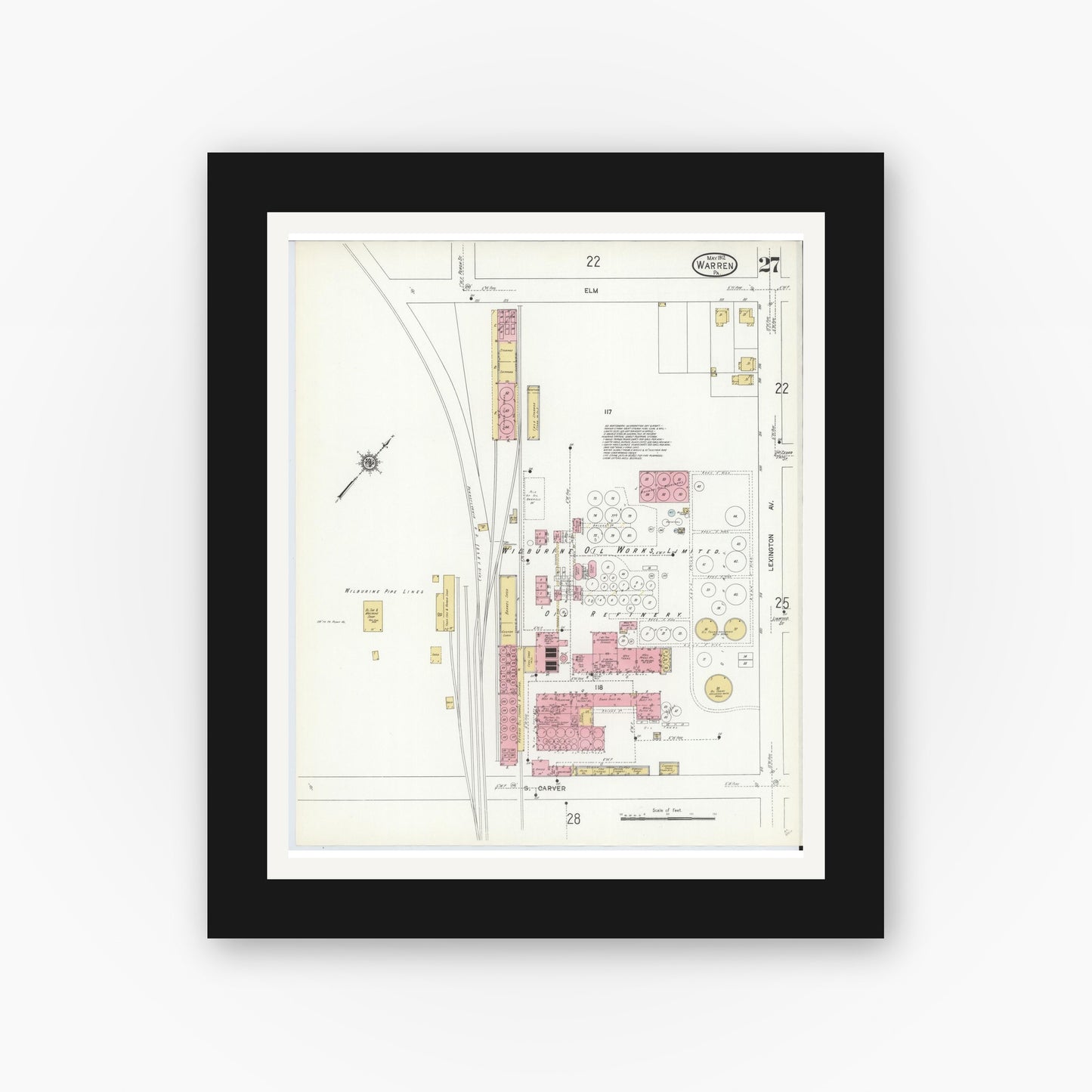 Old map wall art mockup — black gallery frame with white mat — Sanborn Fire Insurance Map from Warren, Warren County, Pennsylvania (1912), Sheet #0027