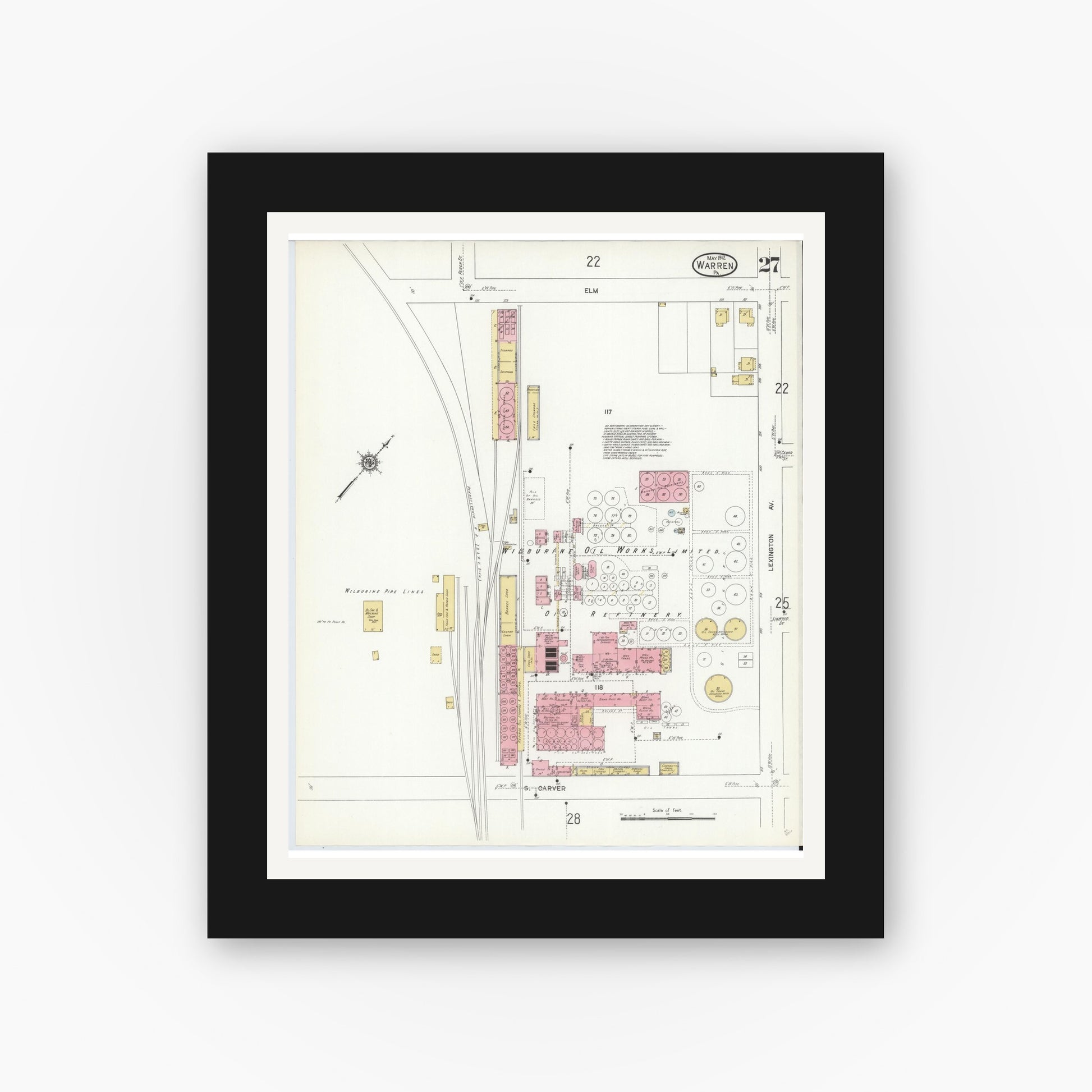 Old map wall art mockup — black gallery frame with white mat — Sanborn Fire Insurance Map from Warren, Warren County, Pennsylvania (1912), Sheet #0027