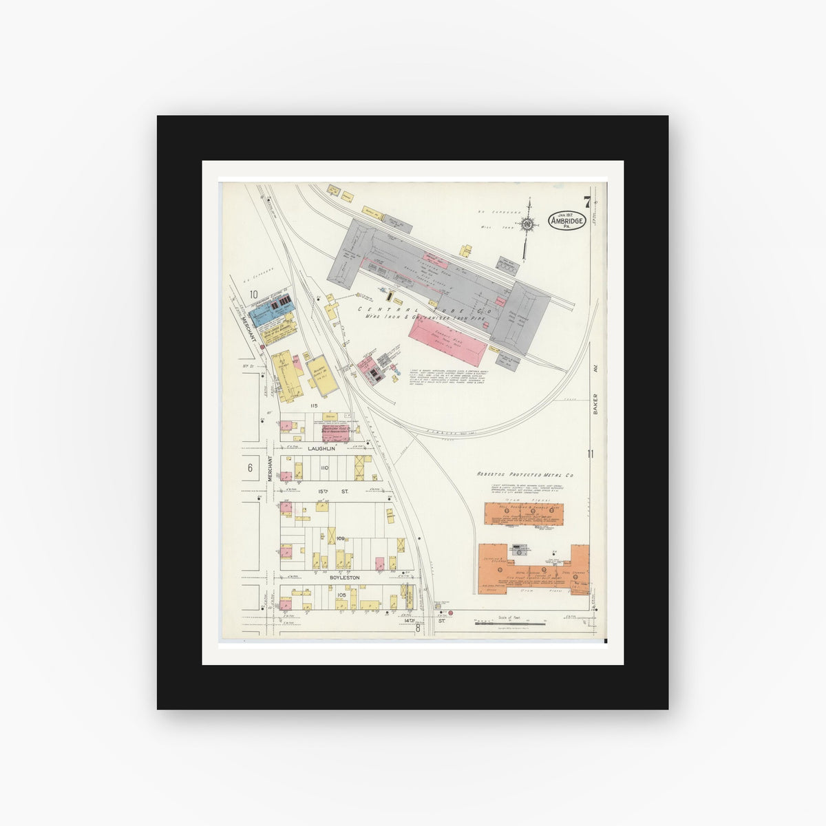 Old map wall art mockup — black gallery frame with white mat — Sanborn Fire Insurance Map from Ambridge, Beaver County, Pennsylvania (1917), Sheet #0007