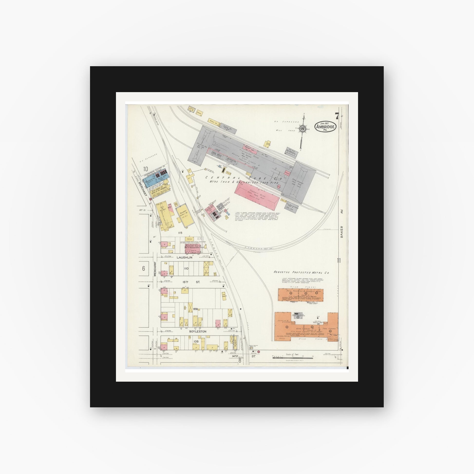 Old map wall art mockup — black gallery frame with white mat — Sanborn Fire Insurance Map from Ambridge, Beaver County, Pennsylvania (1917), Sheet #0007