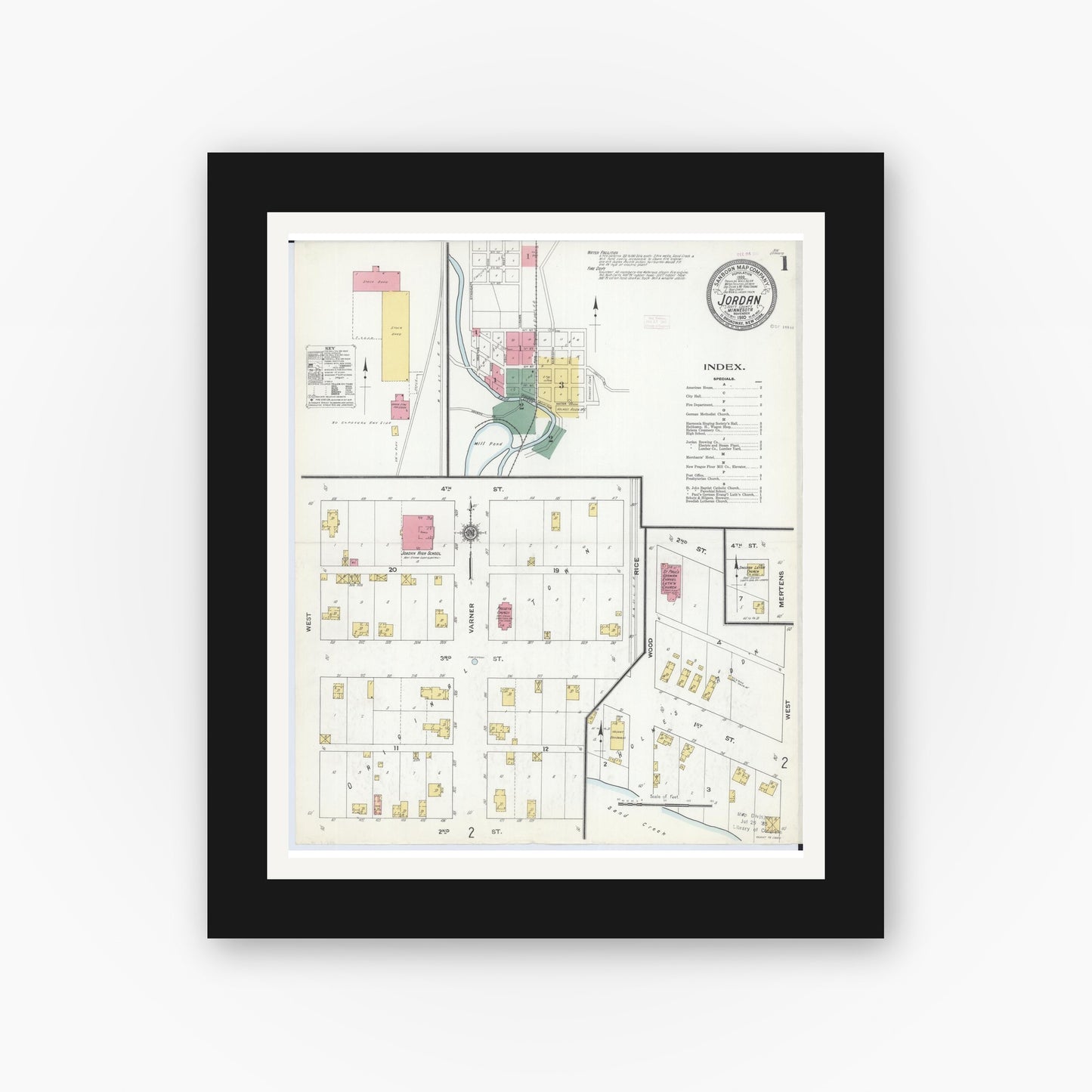 Old map wall art mockup — black gallery frame with white mat — Sanborn Fire Insurance Map from Jordan, Scott County, Minnesota (1910) - Complete Map Set