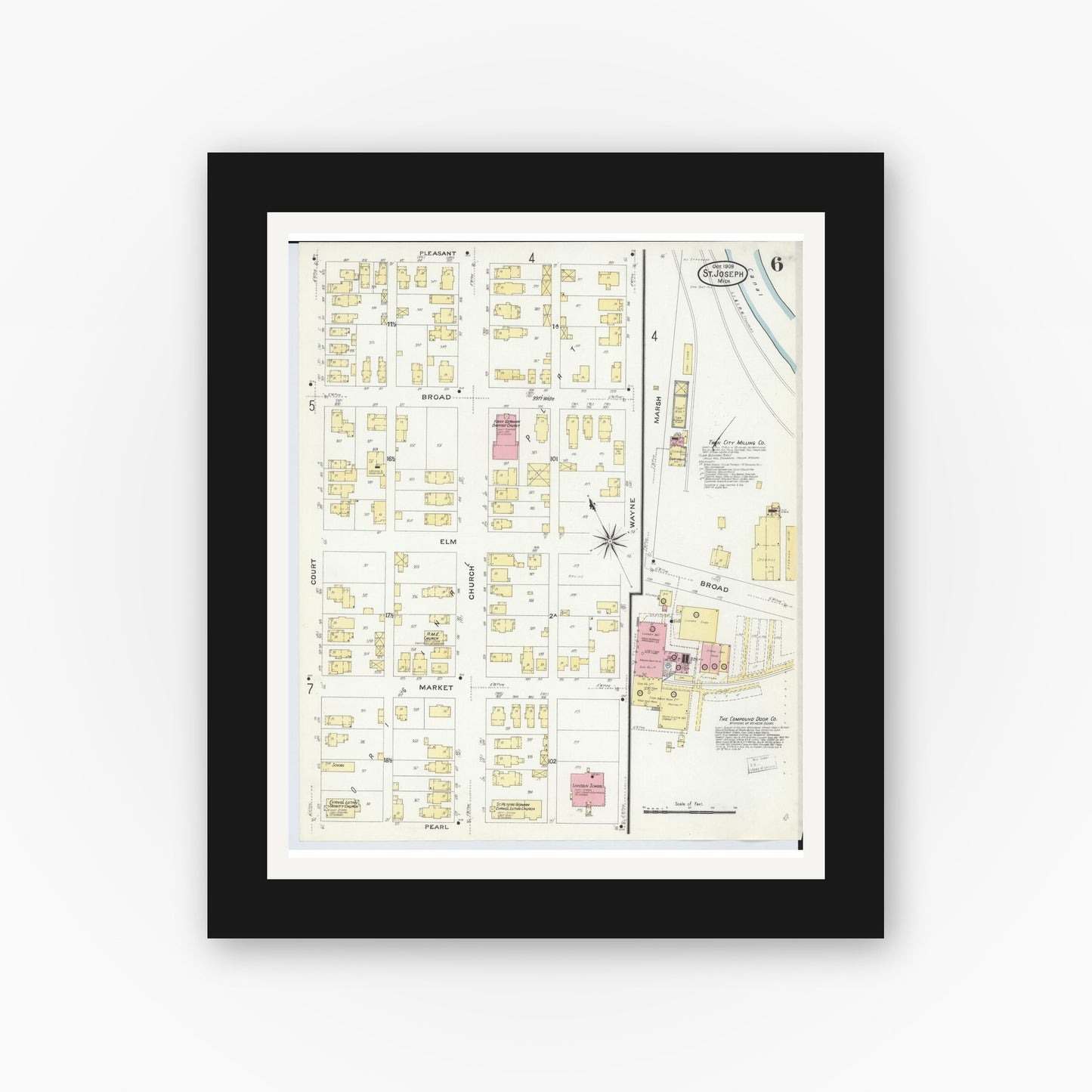 Old map wall art mockup — black gallery frame with white mat — Sanborn Fire Insurance Map from Saint Joseph, Berrien County, Michigan (1908), Sheet #0006
