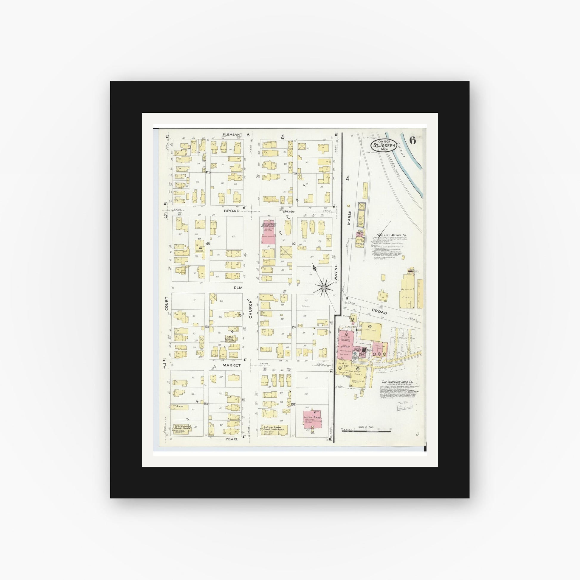 Old map wall art mockup — black gallery frame with white mat — Sanborn Fire Insurance Map from Saint Joseph, Berrien County, Michigan (1908), Sheet #0006