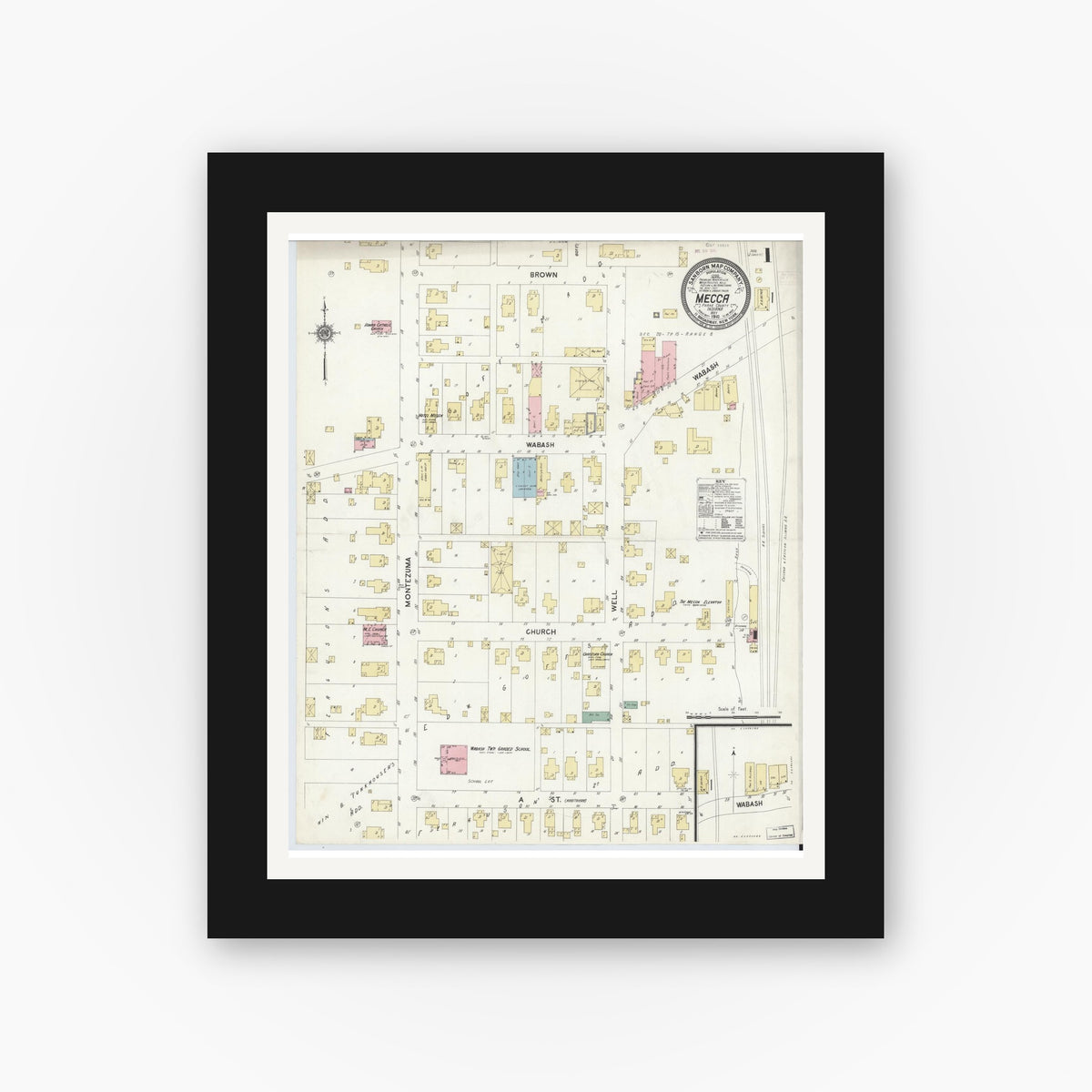 Old map wall art mockup — black gallery frame with white mat — Sanborn Fire Insurance Map from Mecca, Parke County, Indiana (1910), Sheet #0001