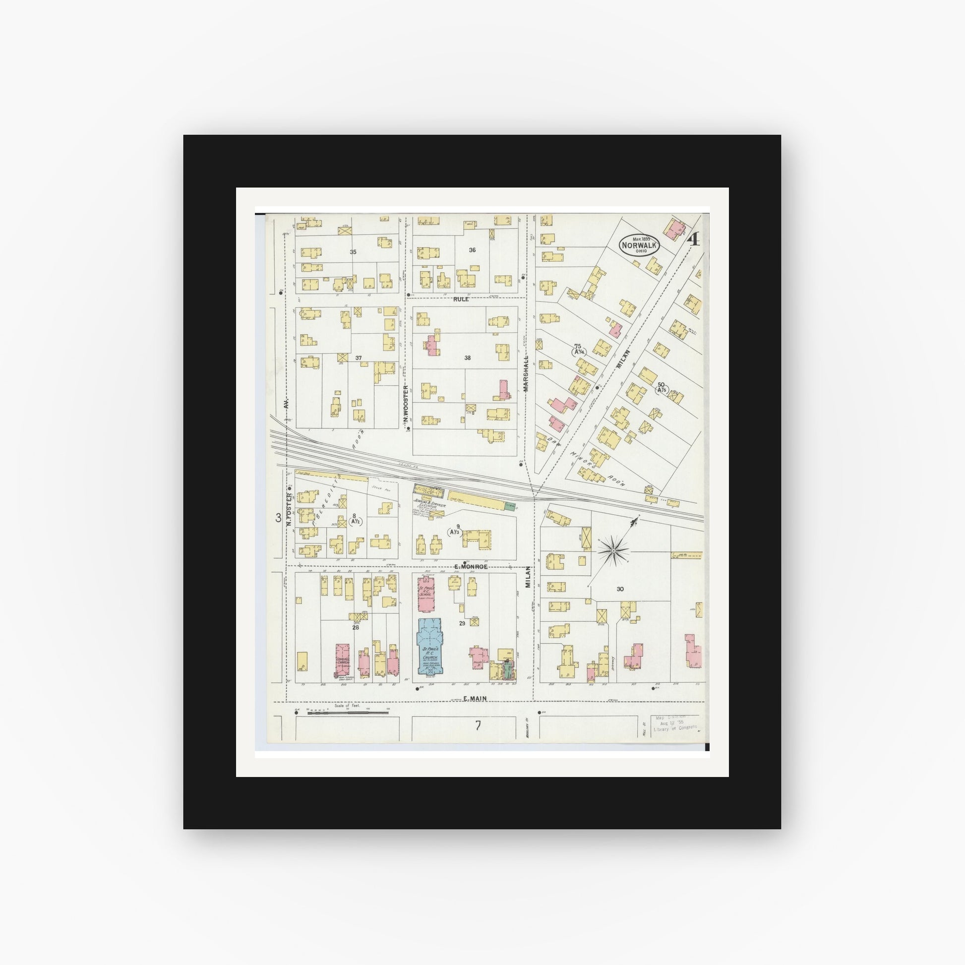 Old map wall art mockup — black gallery frame with white mat — Sanborn Fire Insurance Map from Norwalk, Huron County, Ohio (1899), Sheet #0004