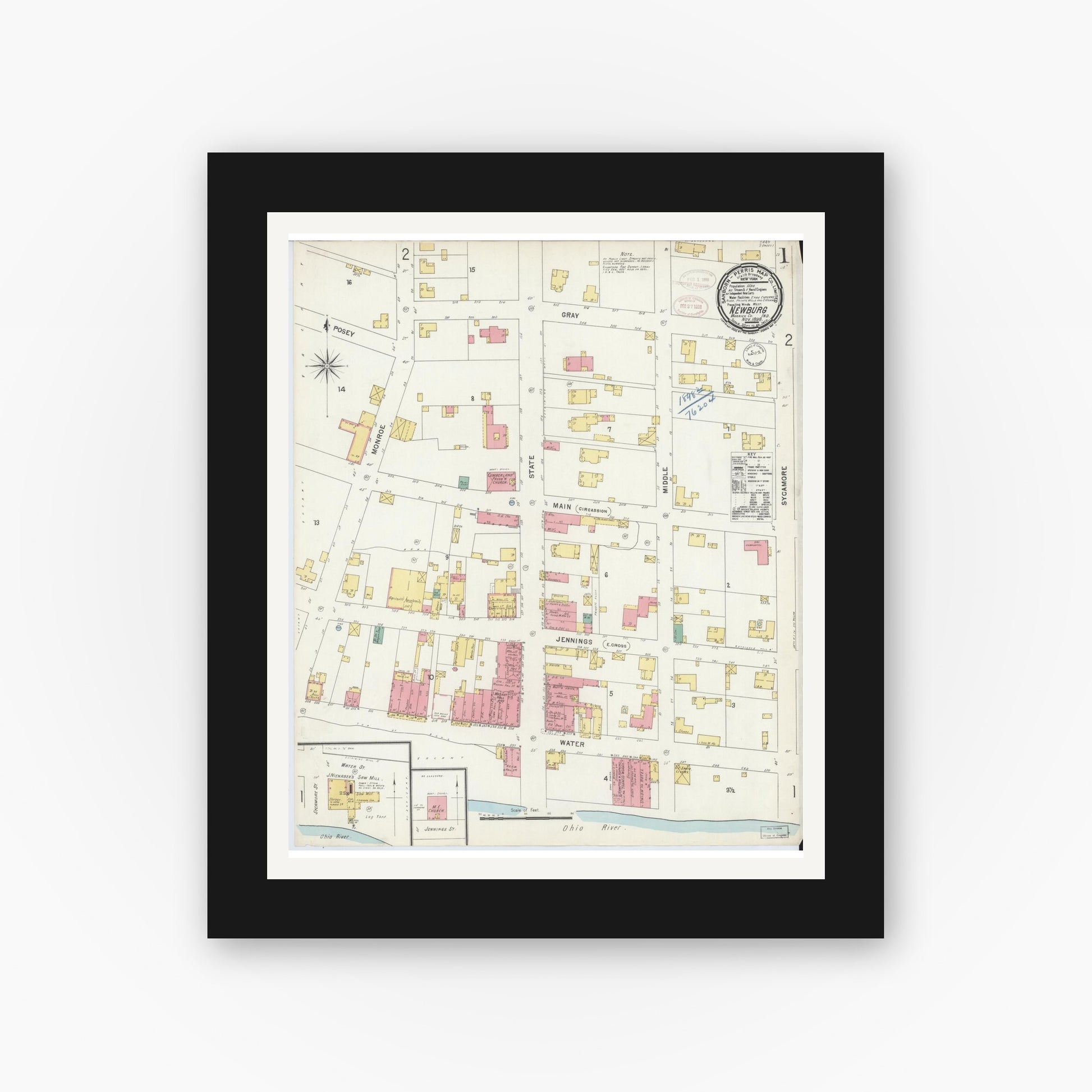 Old map wall art mockup — black gallery frame with white mat — Sanborn Fire Insurance Map from Newburgh, Warrick County, Indiana (1898) - Complete Map Set