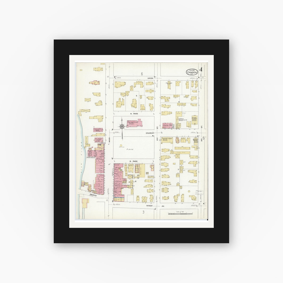 Old map wall art mockup — black gallery frame with white mat — Sanborn Fire Insurance Map from Camden, Oneida County, New York (1912), Sheet #0004