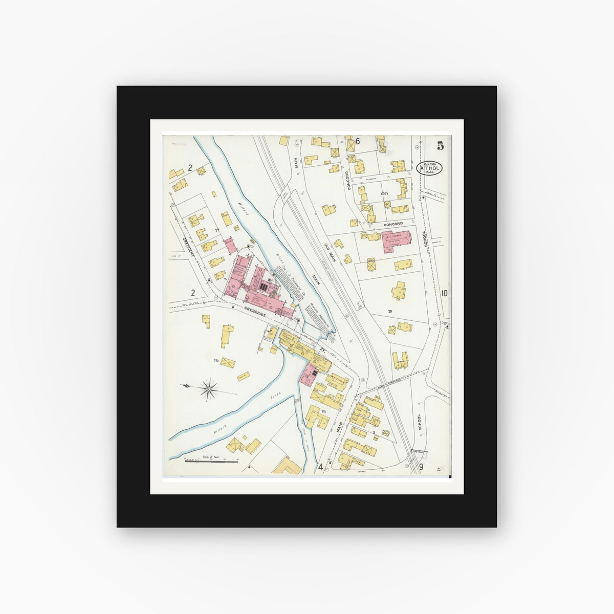 Old map wall art mockup — black gallery frame with white mat — Sanborn Fire Insurance Map from Athol, Worcester County, Massachusetts (1905), Sheet #0005