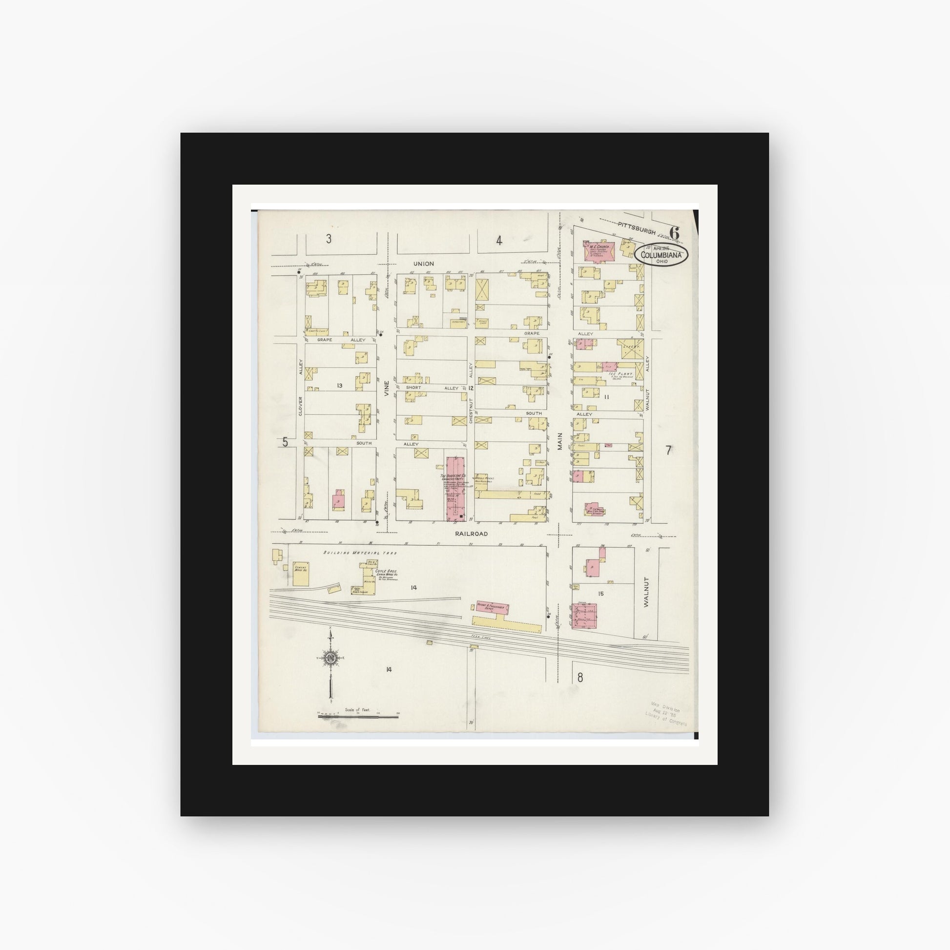 Old map wall art mockup — black gallery frame with white mat — Sanborn Fire Insurance Map from Columbiana, Columbiana County, Ohio (1915), Sheet #0006
