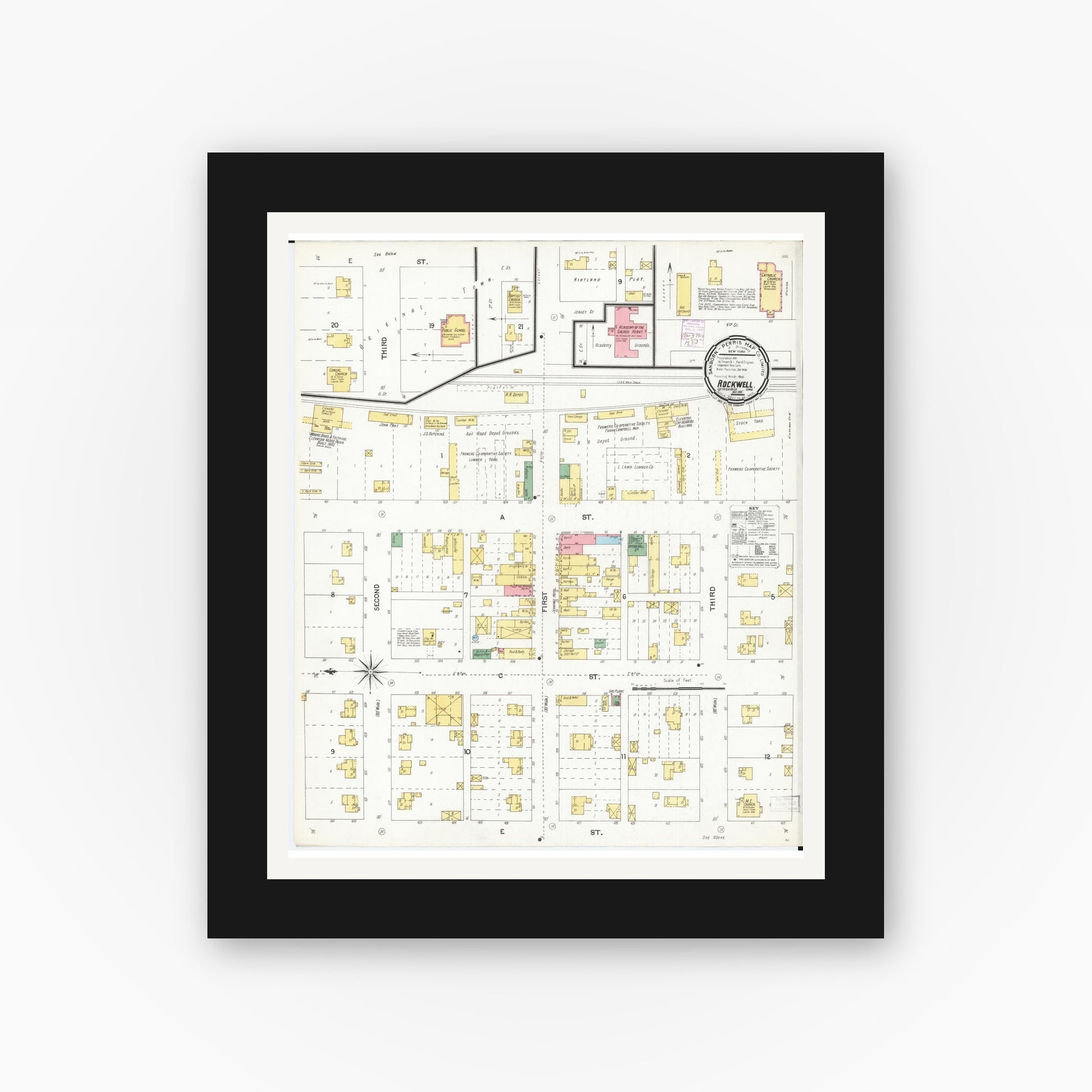 Old map wall art mockup — black gallery frame with white mat — Sanborn Fire Insurance Map from Rockwell, Cerro Gordo County, Iowa (1901), Sheet #0001