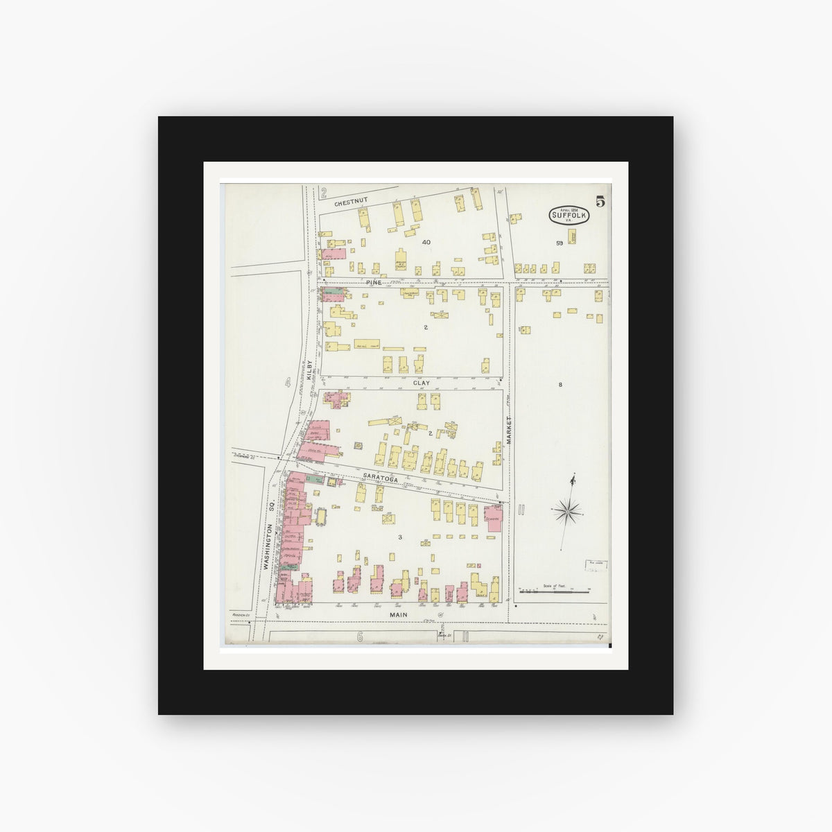 Old map wall art mockup — black gallery frame with white mat — Sanborn Fire Insurance Map from Suffolk, Independent Cities, Virginia (1894), Sheet #0005