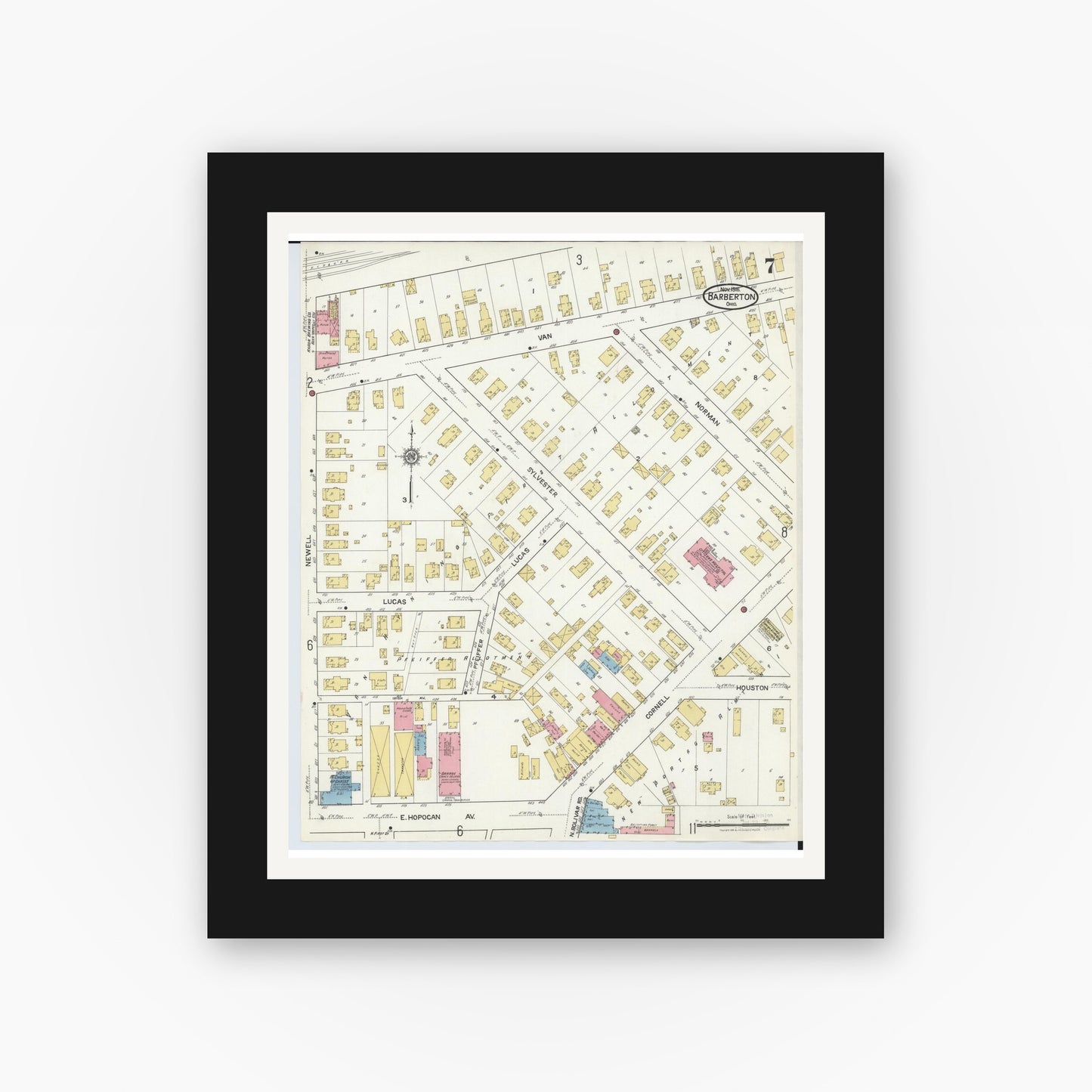 Old map wall art mockup — black gallery frame with white mat — Sanborn Fire Insurance Map from Barberton, Summit County, Ohio (1916), Sheet #0007