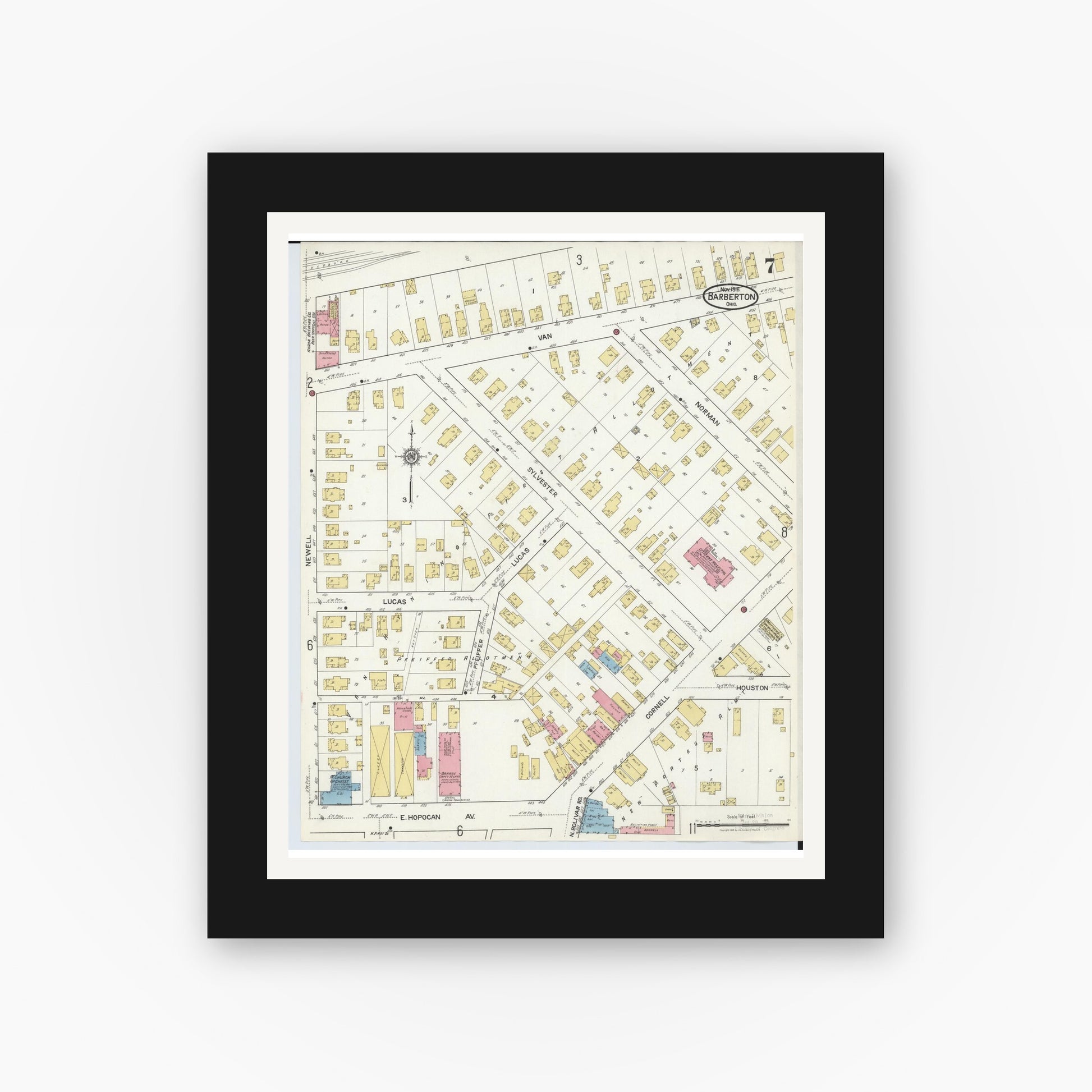 Old map wall art mockup — black gallery frame with white mat — Sanborn Fire Insurance Map from Barberton, Summit County, Ohio (1916), Sheet #0007
