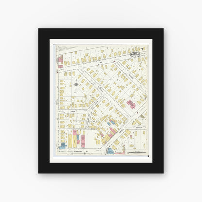 Old map wall art mockup — black gallery frame with white mat — Sanborn Fire Insurance Map from Barberton, Summit County, Ohio (1916), Sheet #0007