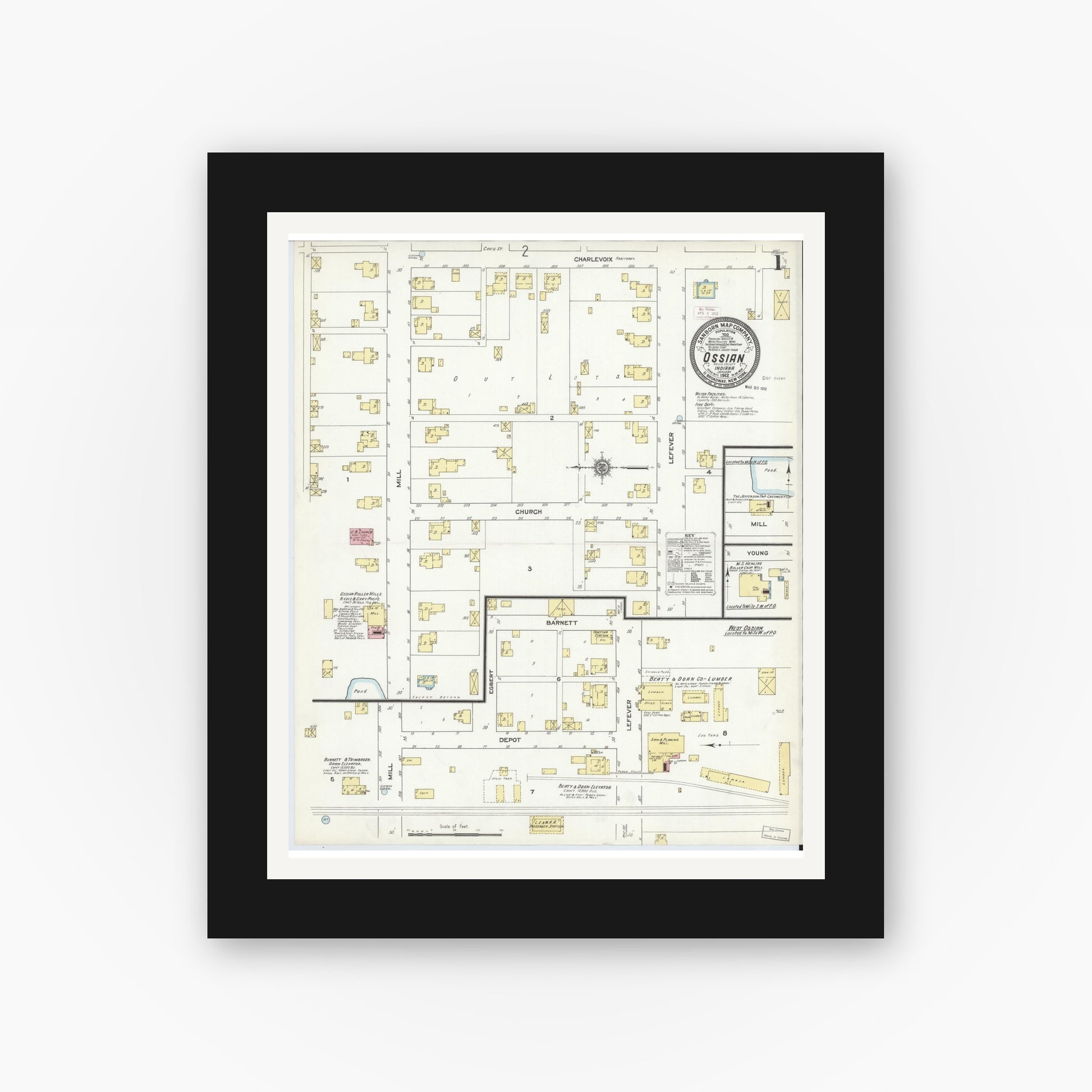 Old map wall art mockup — black gallery frame with white mat — Sanborn Fire Insurance Map from Ossian, Wells County, Indiana (1912) - Complete Map Set