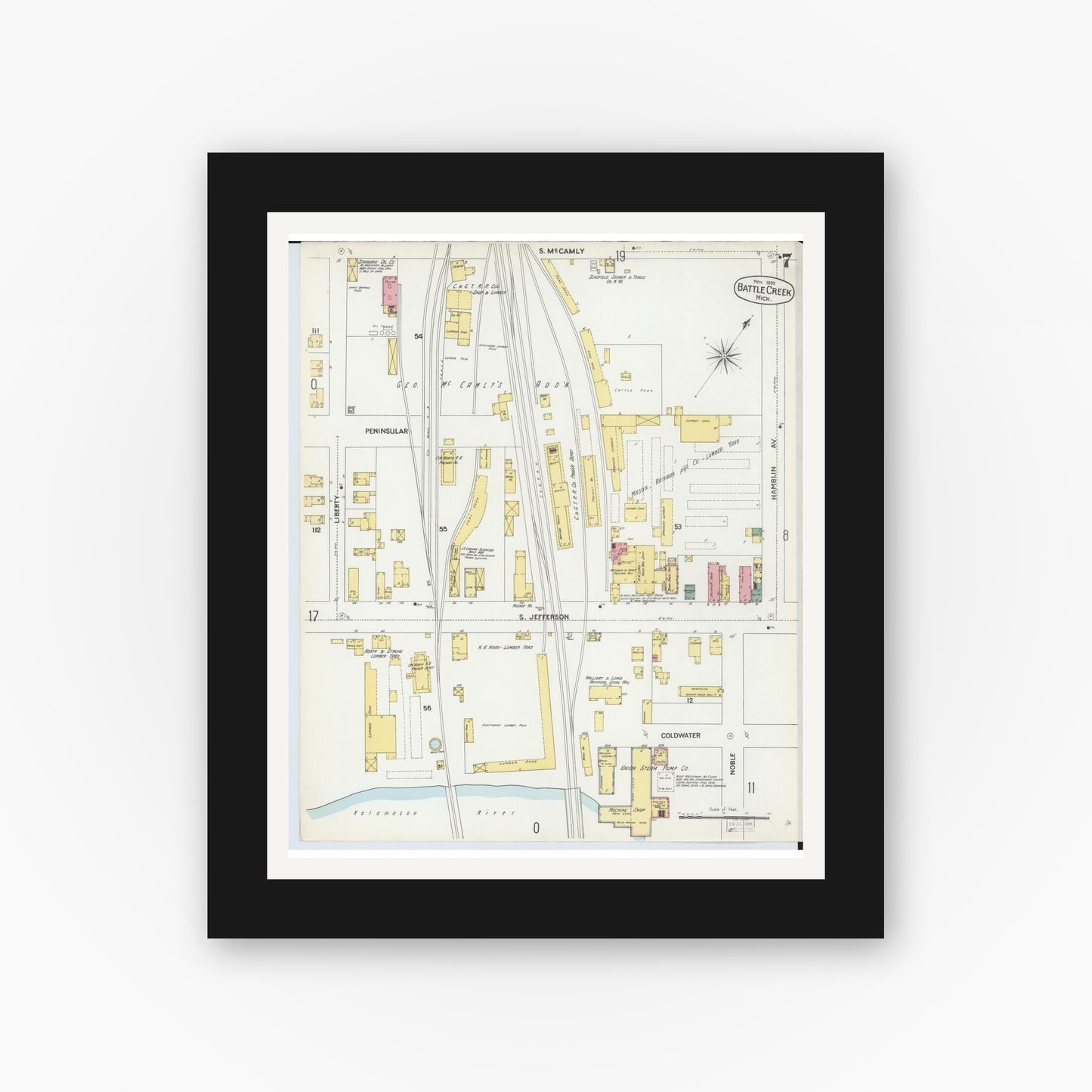 Old map wall art mockup — black gallery frame with white mat — Sanborn Fire Insurance Map from Battle Creek, Calhoun County, Michigan (1899), Sheet #0007