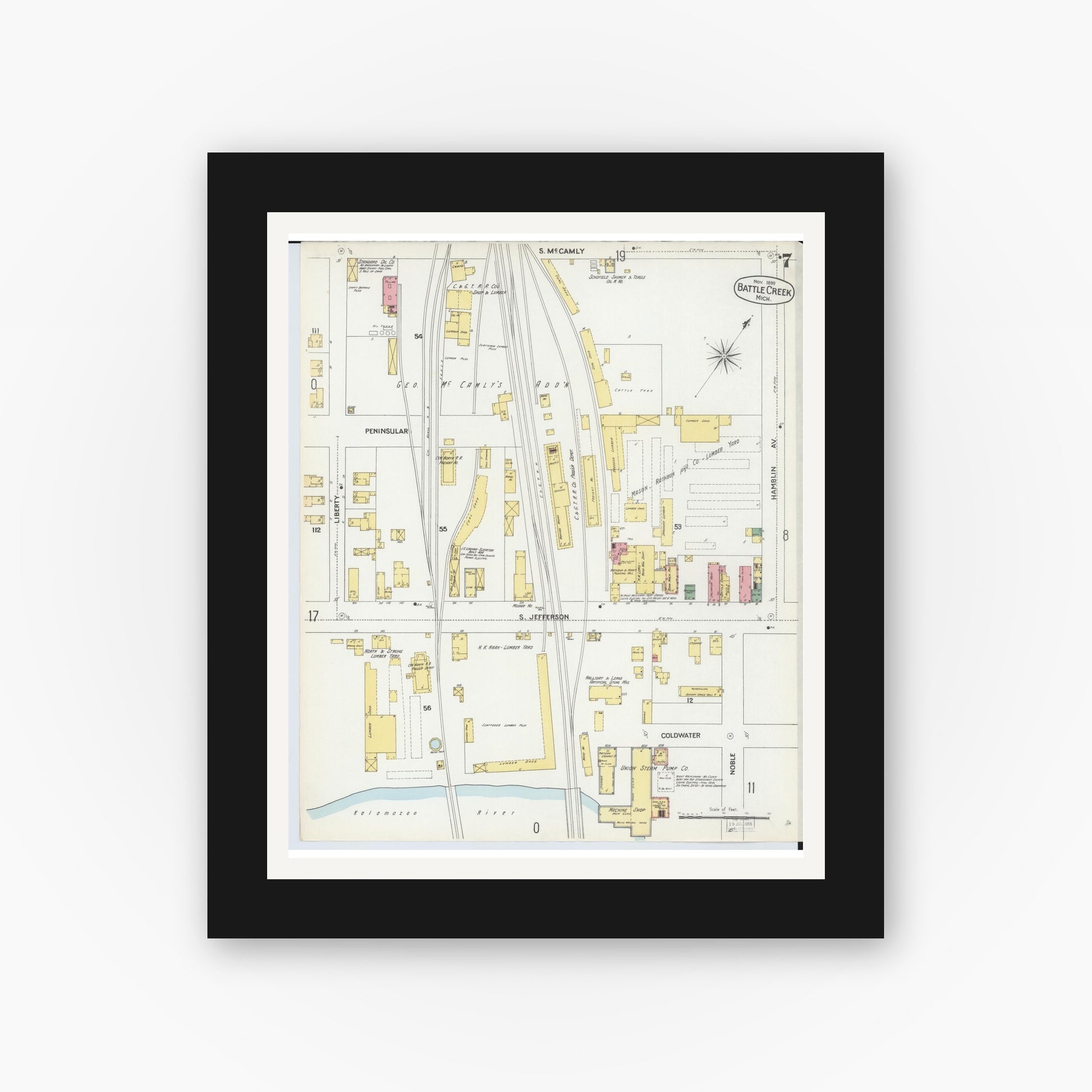 Old map wall art mockup — black gallery frame with white mat — Sanborn Fire Insurance Map from Battle Creek, Calhoun County, Michigan (1899), Sheet #0007