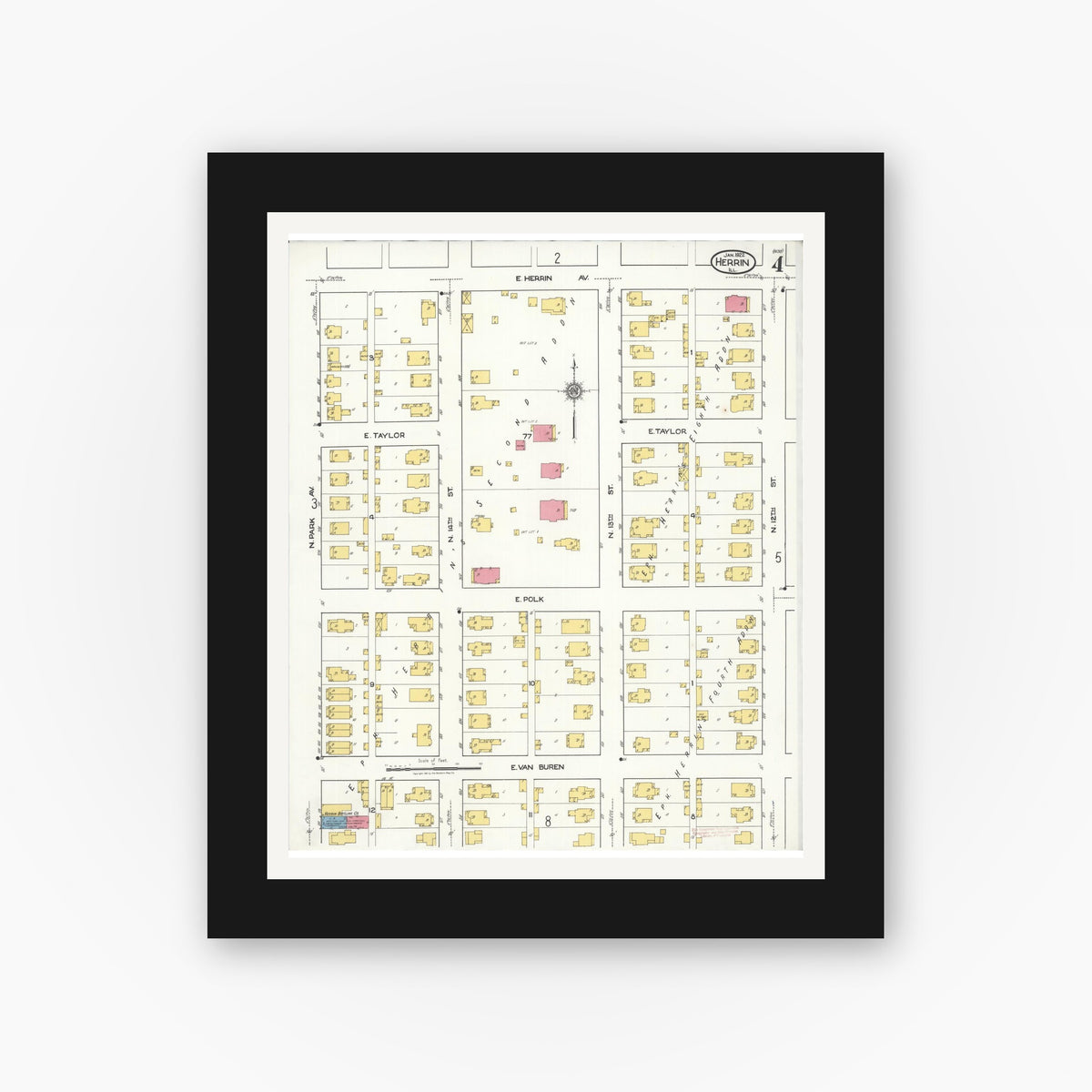 Old map wall art mockup — black gallery frame with white mat — Sanborn Fire Insurance Map from Herrin, Williamson County, Illinois (1922), Sheet #0004