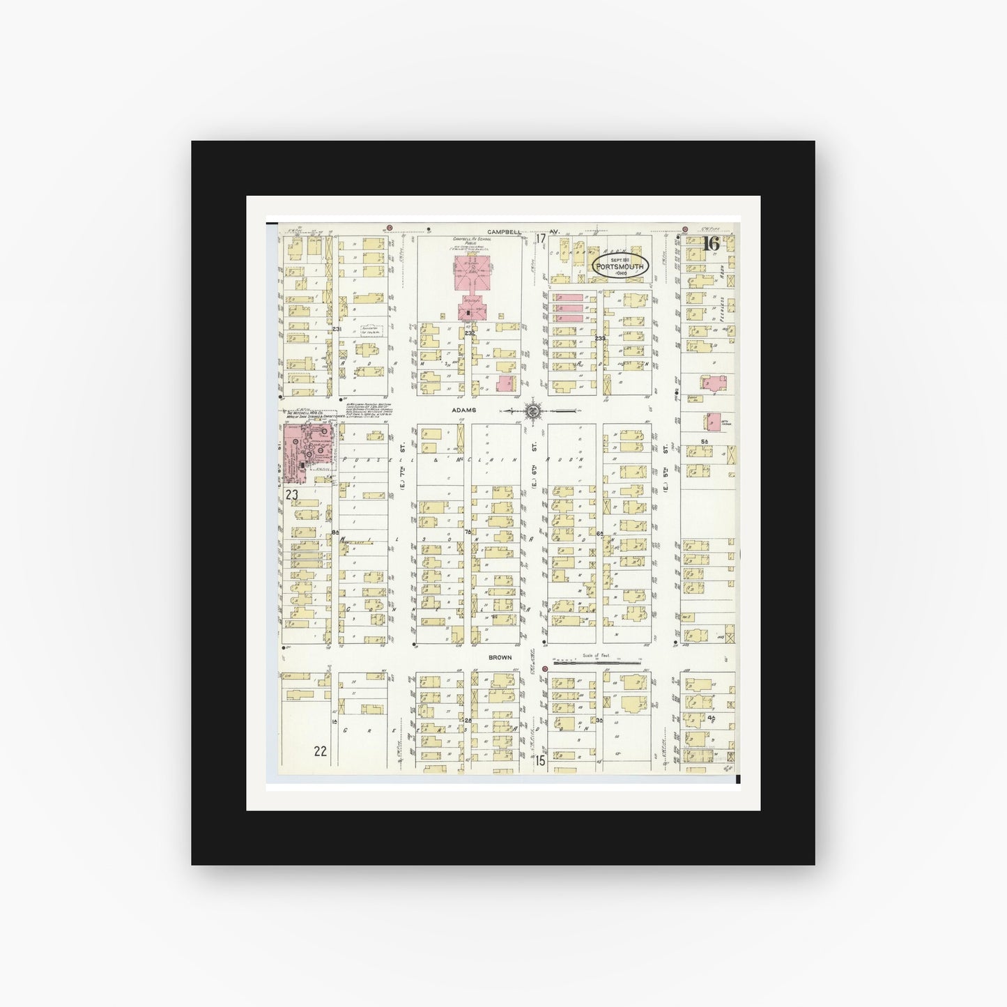 Old map wall art mockup — black gallery frame with white mat — Sanborn Fire Insurance Map from Portsmouth, Scioto County, Ohio (1911), Sheet #0016