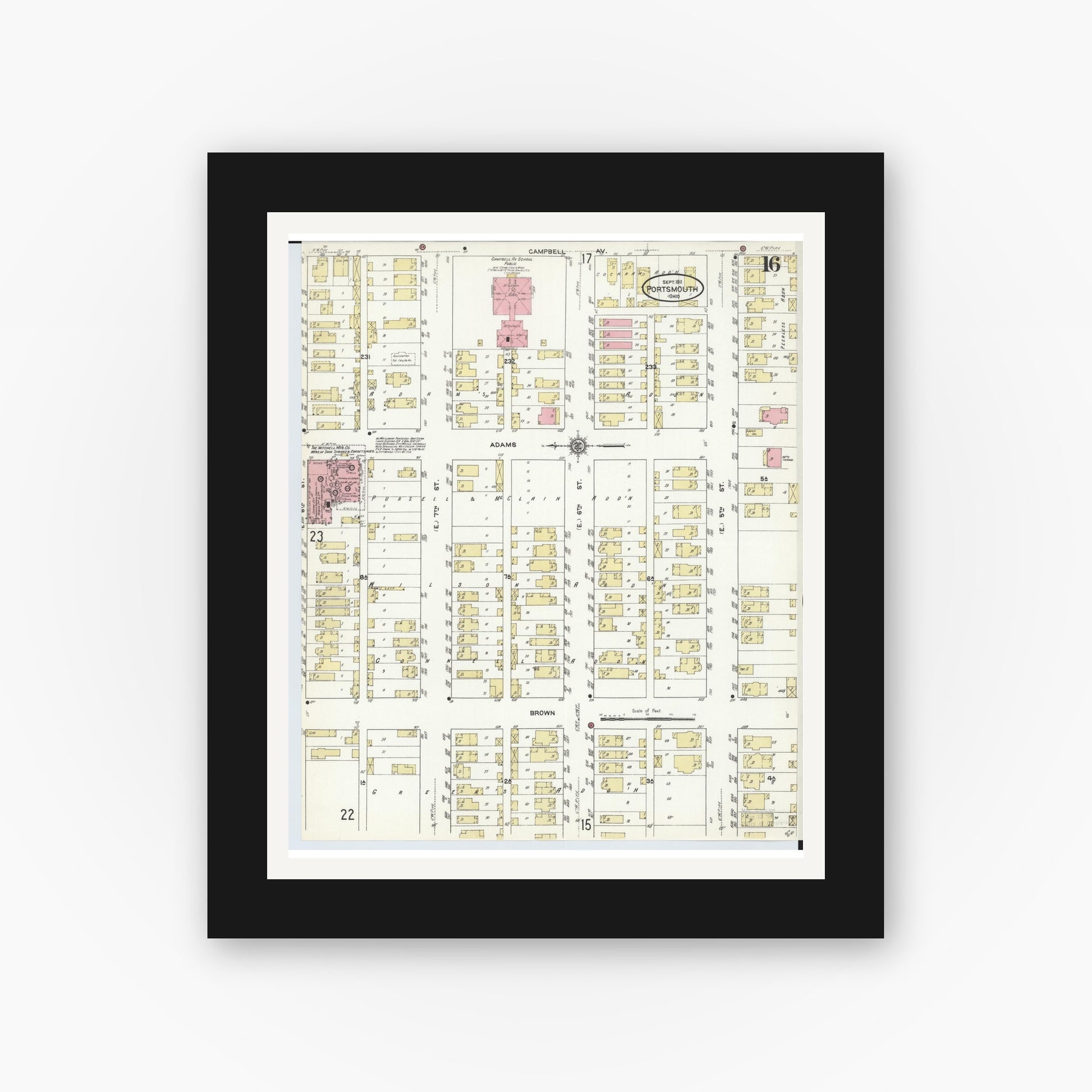 Old map wall art mockup — black gallery frame with white mat — Sanborn Fire Insurance Map from Portsmouth, Scioto County, Ohio (1911), Sheet #0016