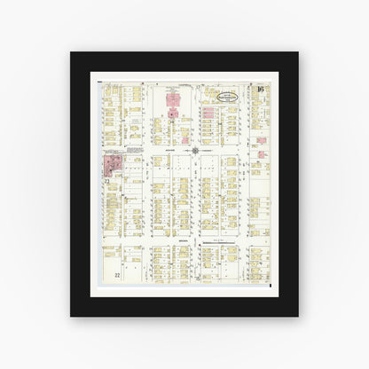 Old map wall art mockup — black gallery frame with white mat — Sanborn Fire Insurance Map from Portsmouth, Scioto County, Ohio (1911), Sheet #0016