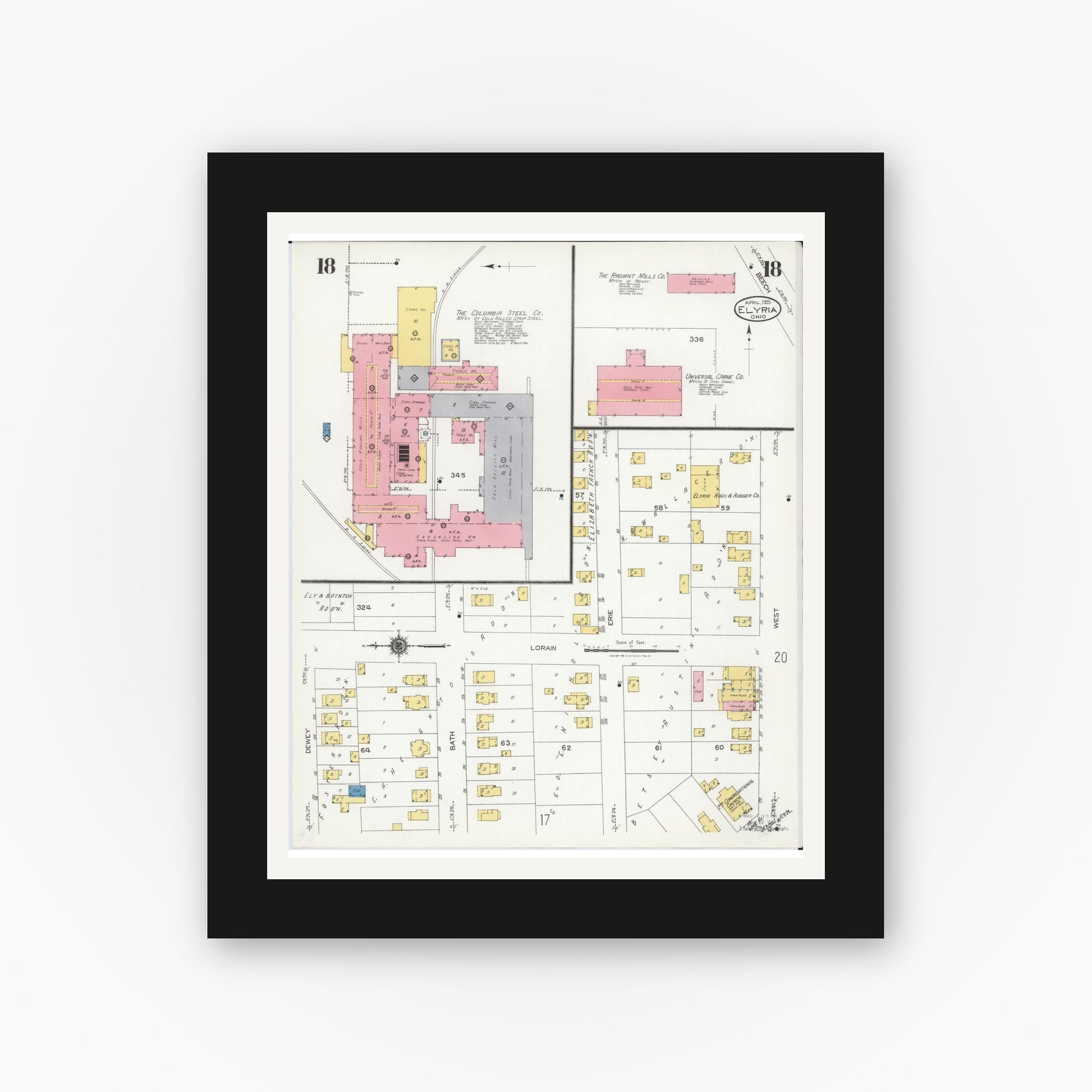 Old map wall art mockup — black gallery frame with white mat — Sanborn Fire Insurance Map from Elyria, Lorain County, Ohio (1925), Sheet #0018