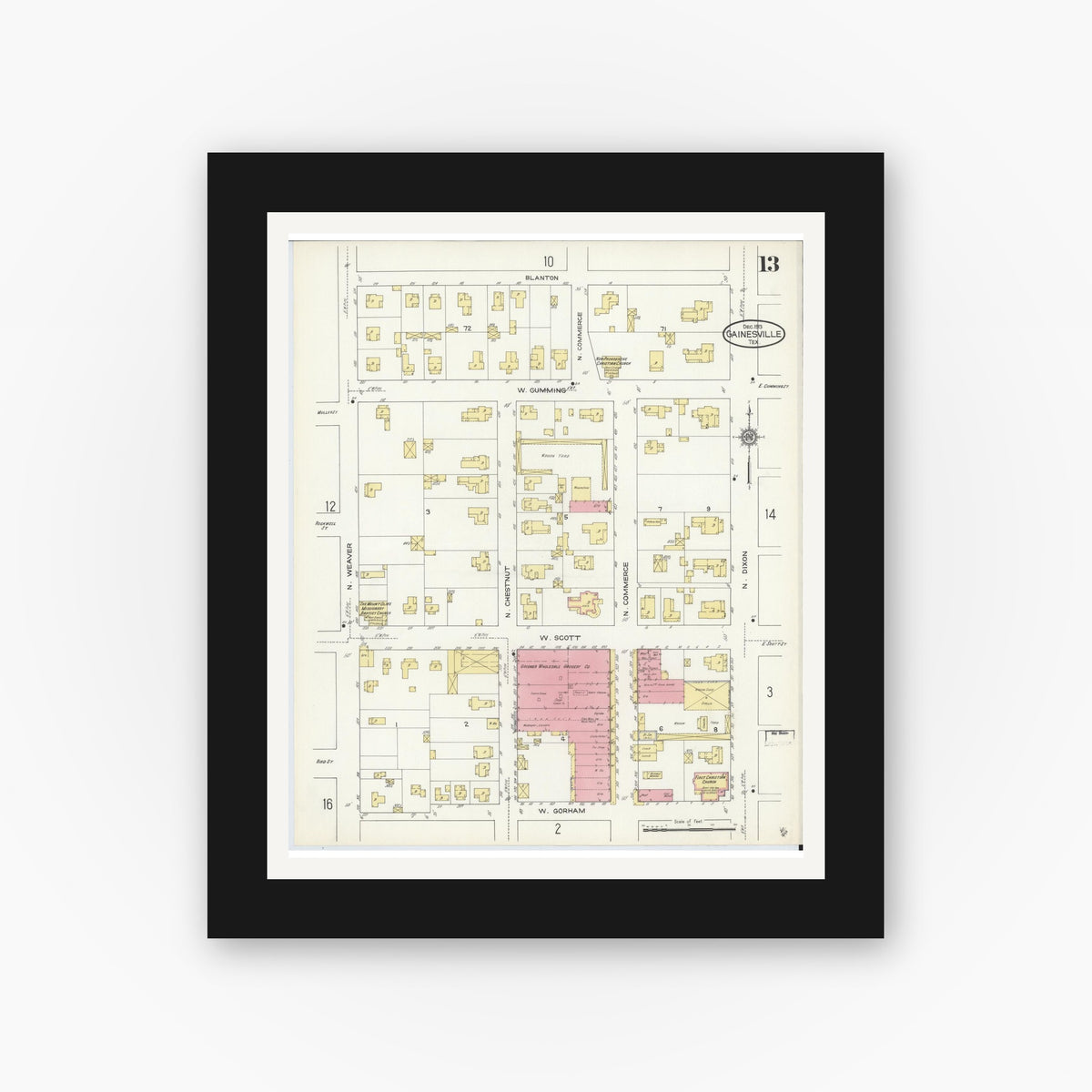 Old map wall art mockup — black gallery frame with white mat — Sanborn Fire Insurance Map from Gainesville, Cooke County, Texas (1913), Sheet #0013